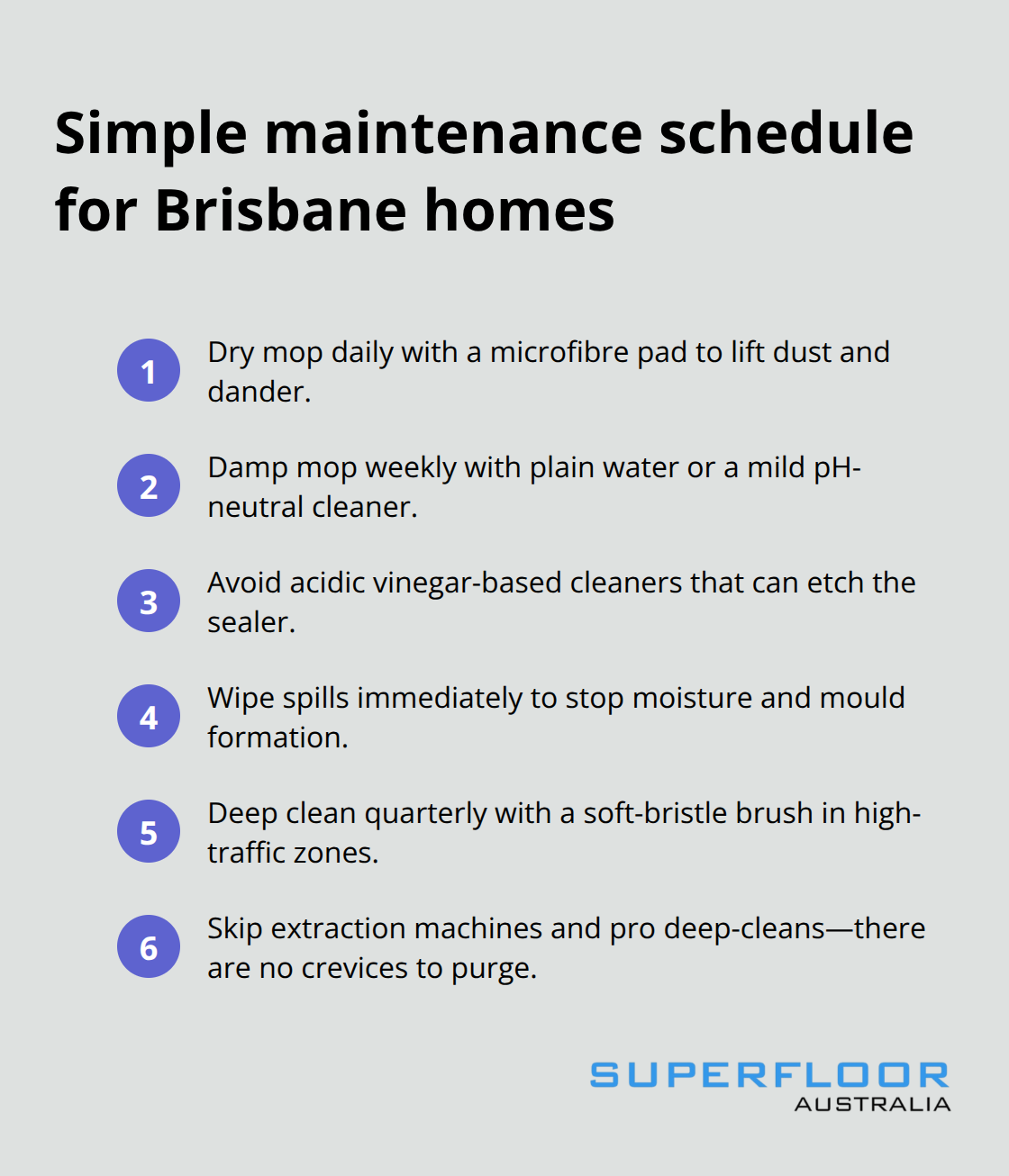 Compact list of daily, weekly and periodic tasks to keep polished concrete allergen-resistant - Allergen resistant flooring Brisbane