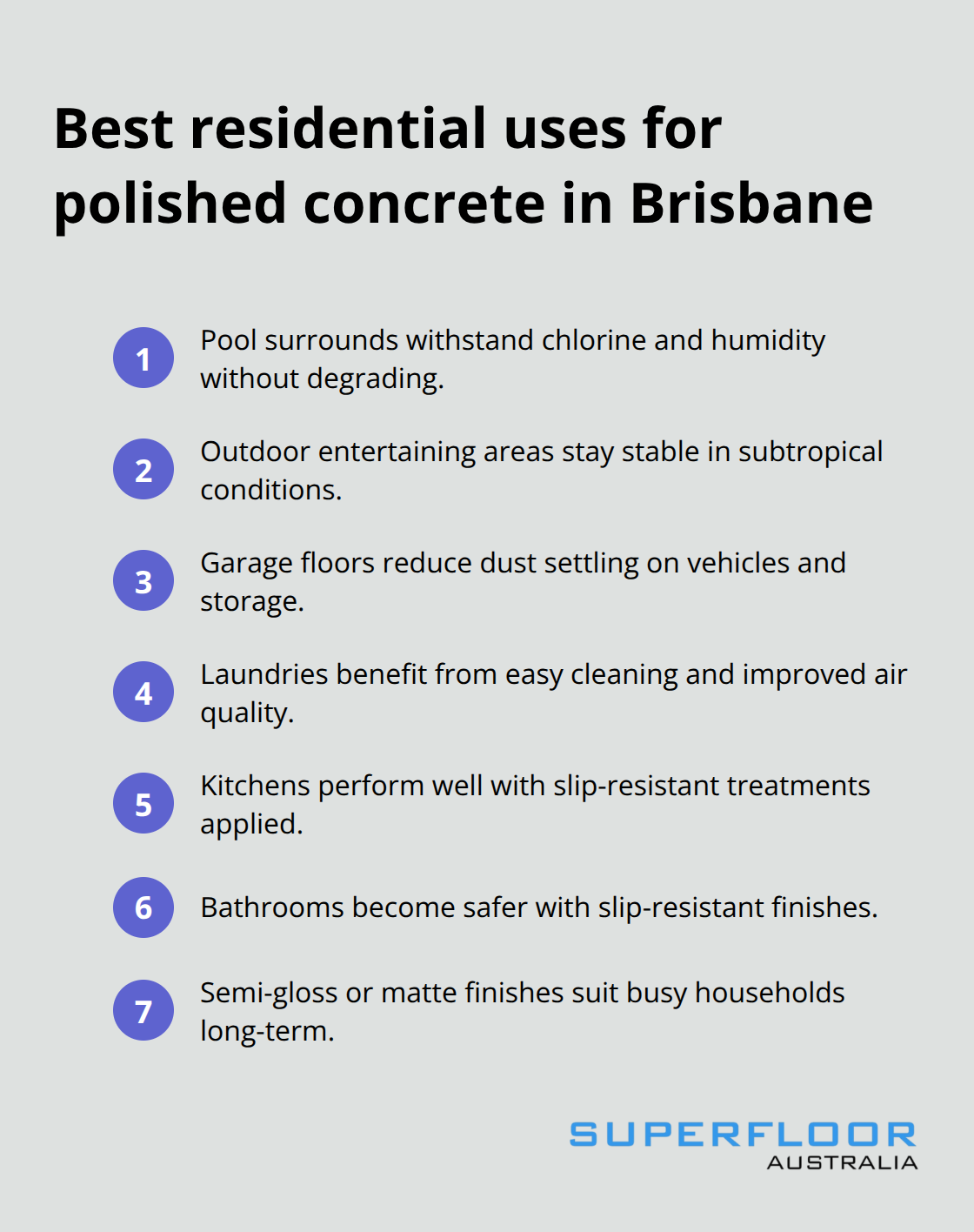 Compact list of Brisbane residential spaces where polished concrete excels - Durable polished concrete Brisbane