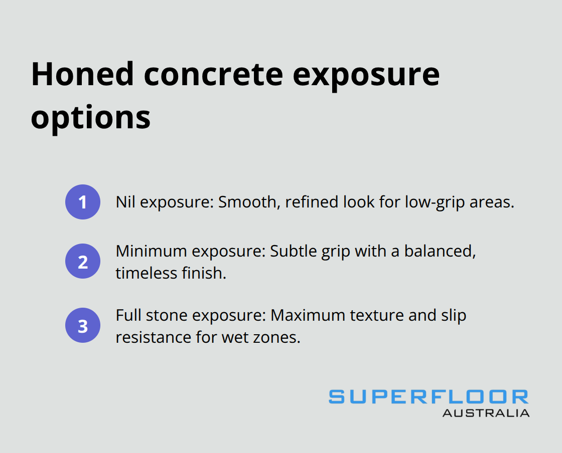 Three exposure levels for outdoor honed concrete and when to use each. - Exterior concrete finishes Brisbane