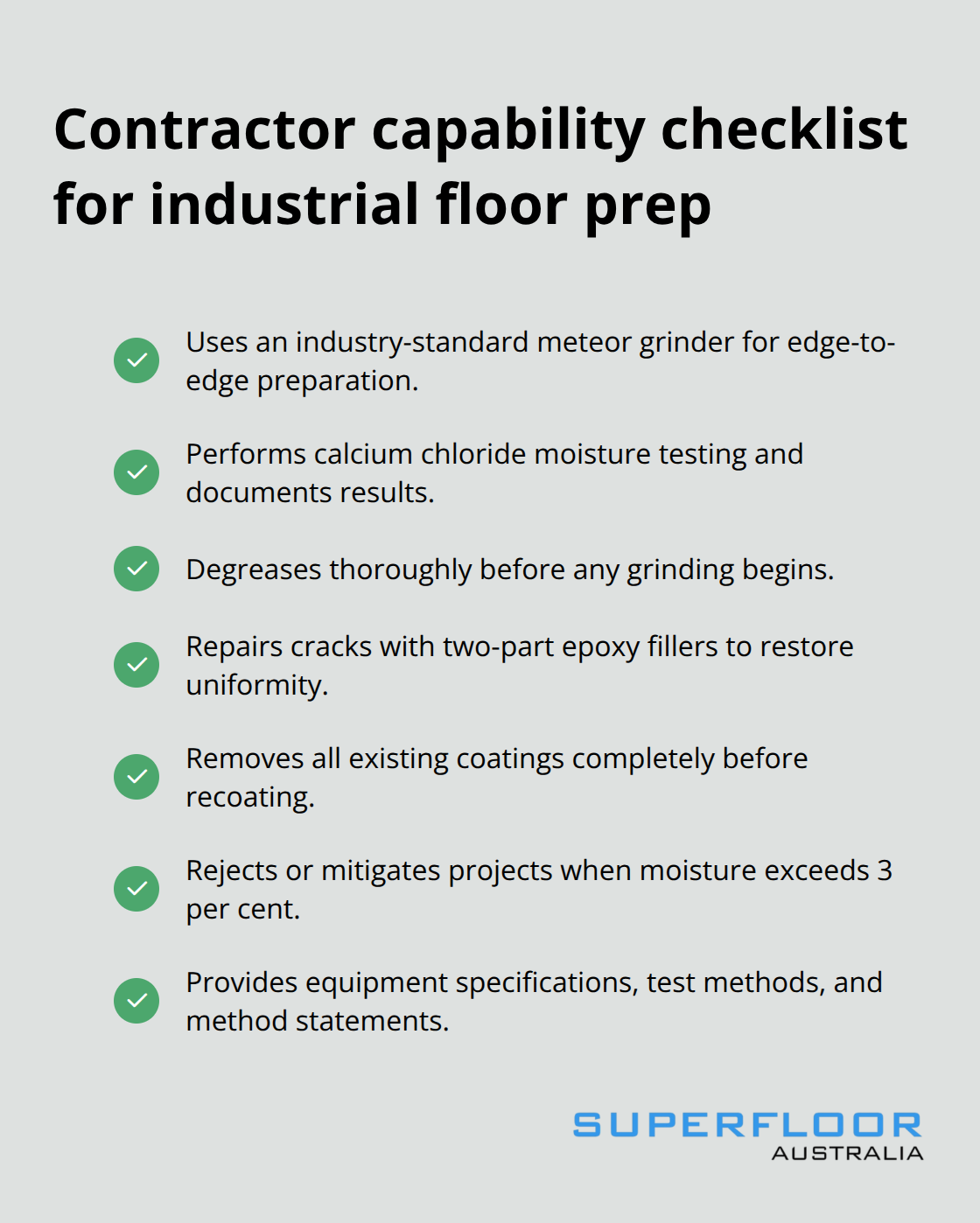 Checkmarked list of must-have capabilities when selecting a Brisbane industrial floor preparation contractor. - Industrial floor prep Brisbane