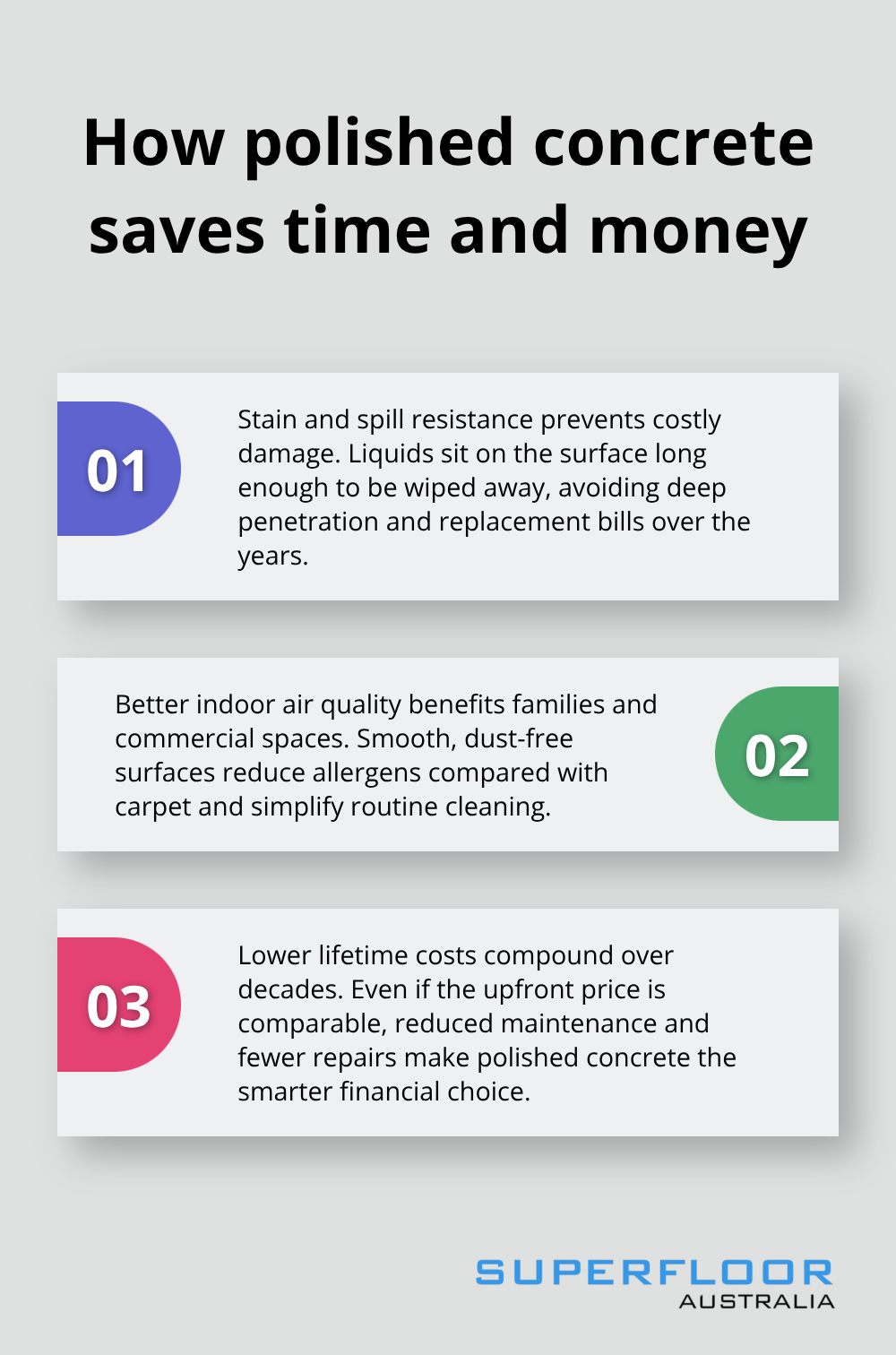 Three core reasons polished concrete outperforms timber, carpet, and tile in Australia - Low maintenance concrete floors