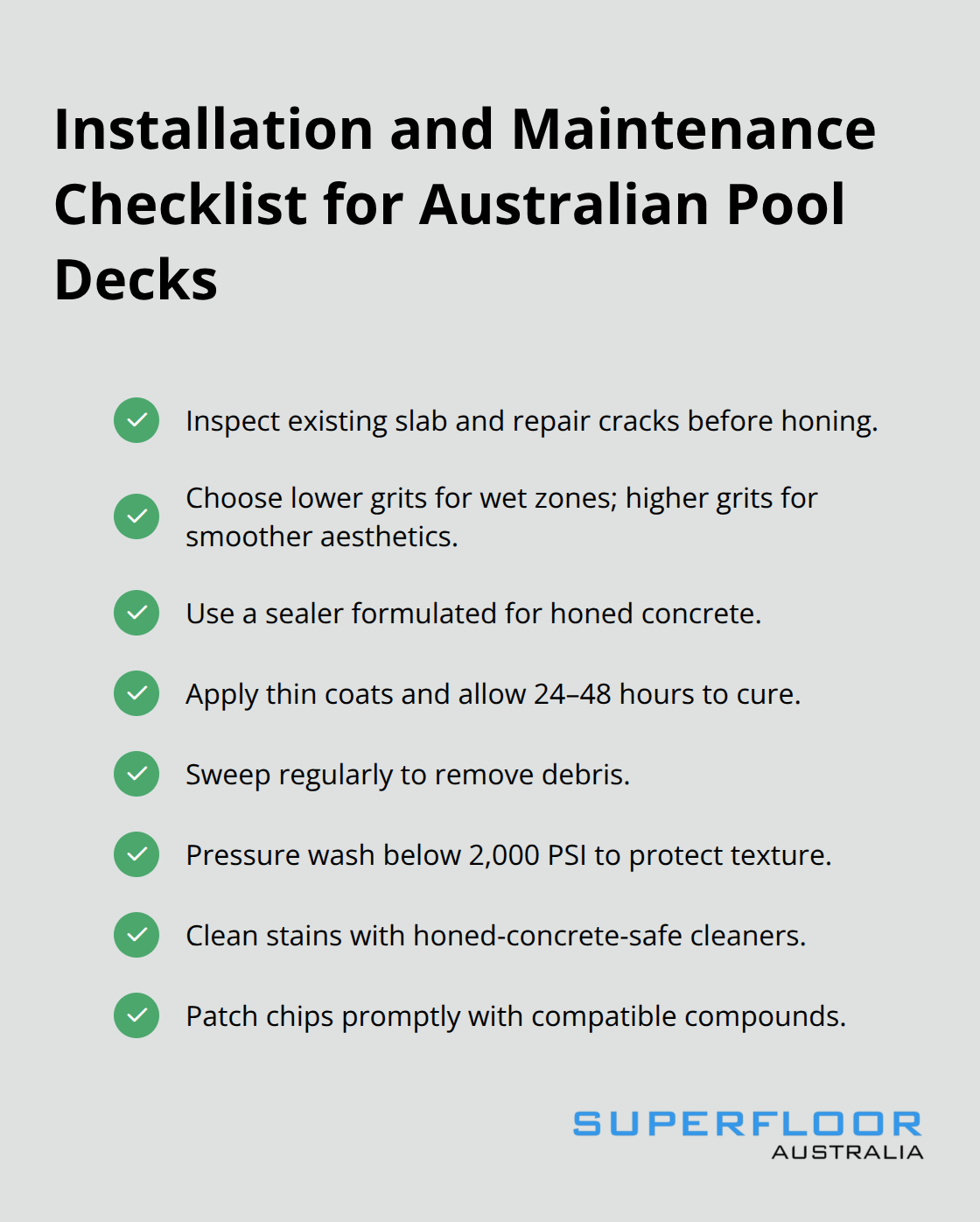 Practical steps to keep honed concrete safe and attractive over time - Pool area honed concrete