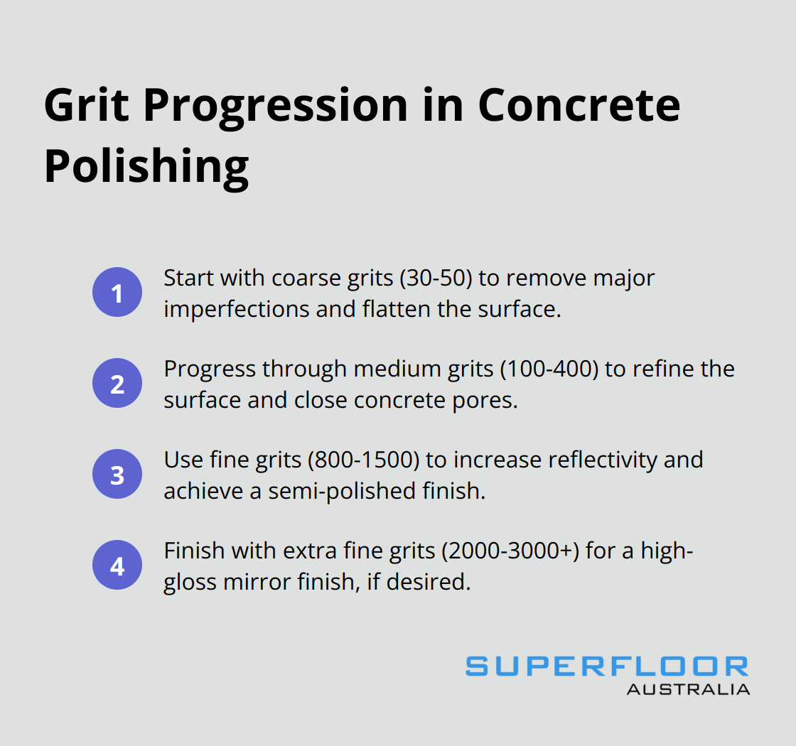 A chart showing the progression of grit sizes used in concrete polishing, from coarse to fine. - advanced concrete polishing