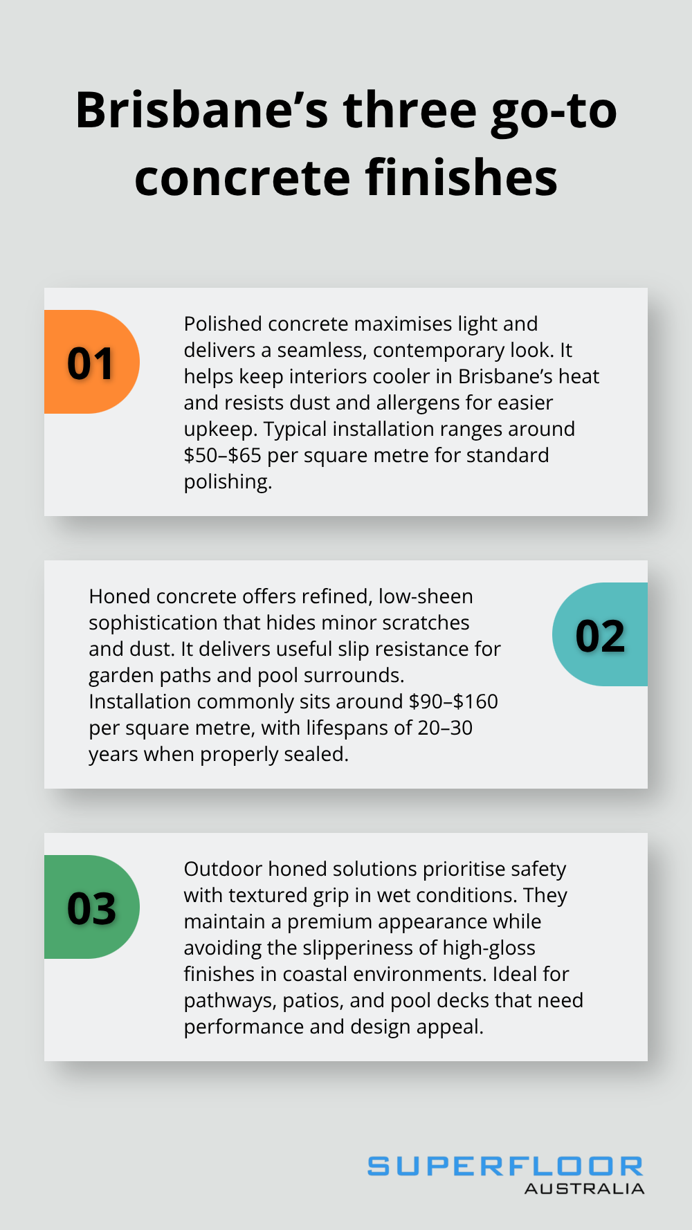 Three-part comparison of polished, honed, and outdoor honed concrete finishes for Brisbane projects