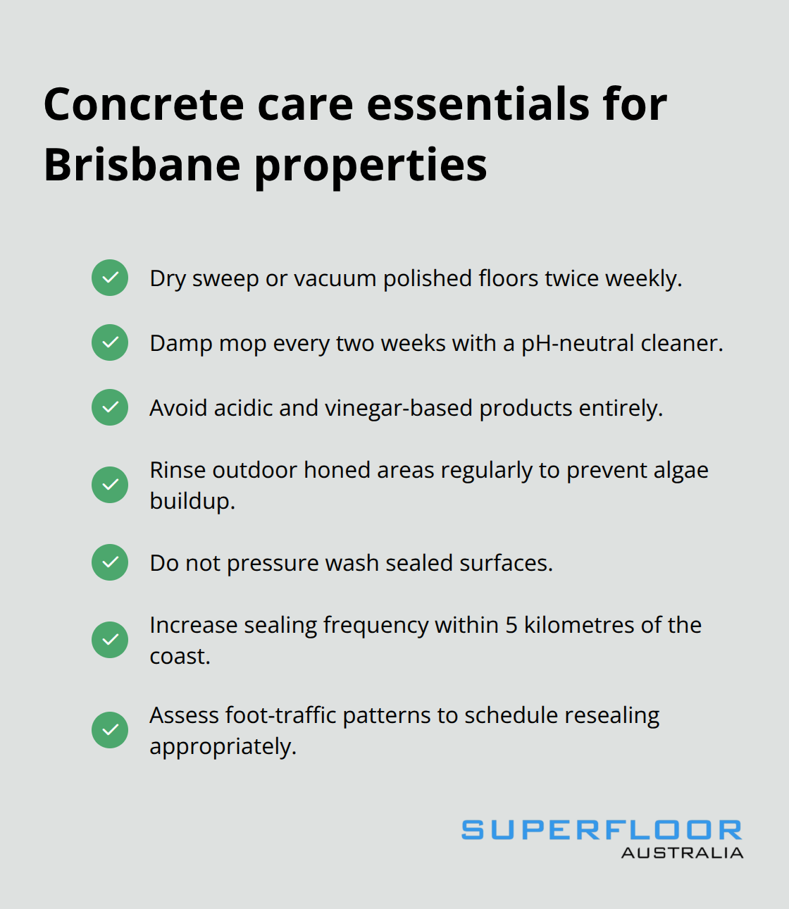 Checklist of key maintenance actions and cautions for polished and honed concrete in Brisbane - architectural concrete finishes
