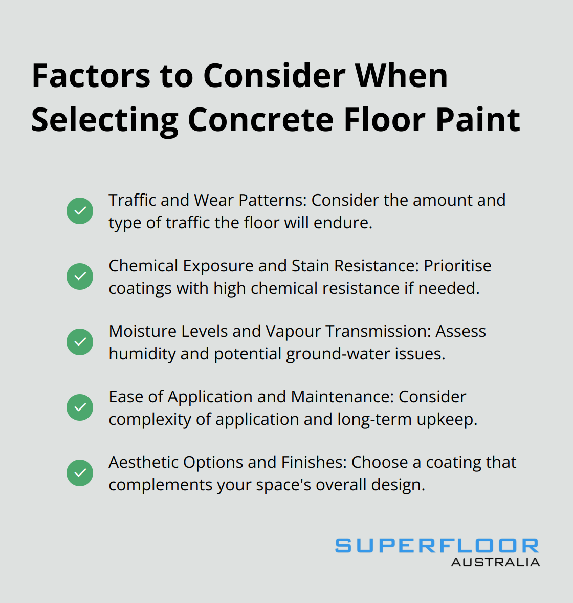 A checkmark list showing five key factors to consider when selecting concrete floor paint: Traffic and Wear Patterns, Chemical Exposure and Stain Resistance, Moisture Levels and Vapour Transmission, Ease of Application and Maintenance, and Aesthetic Options and Finishes. - best floor paint concrete