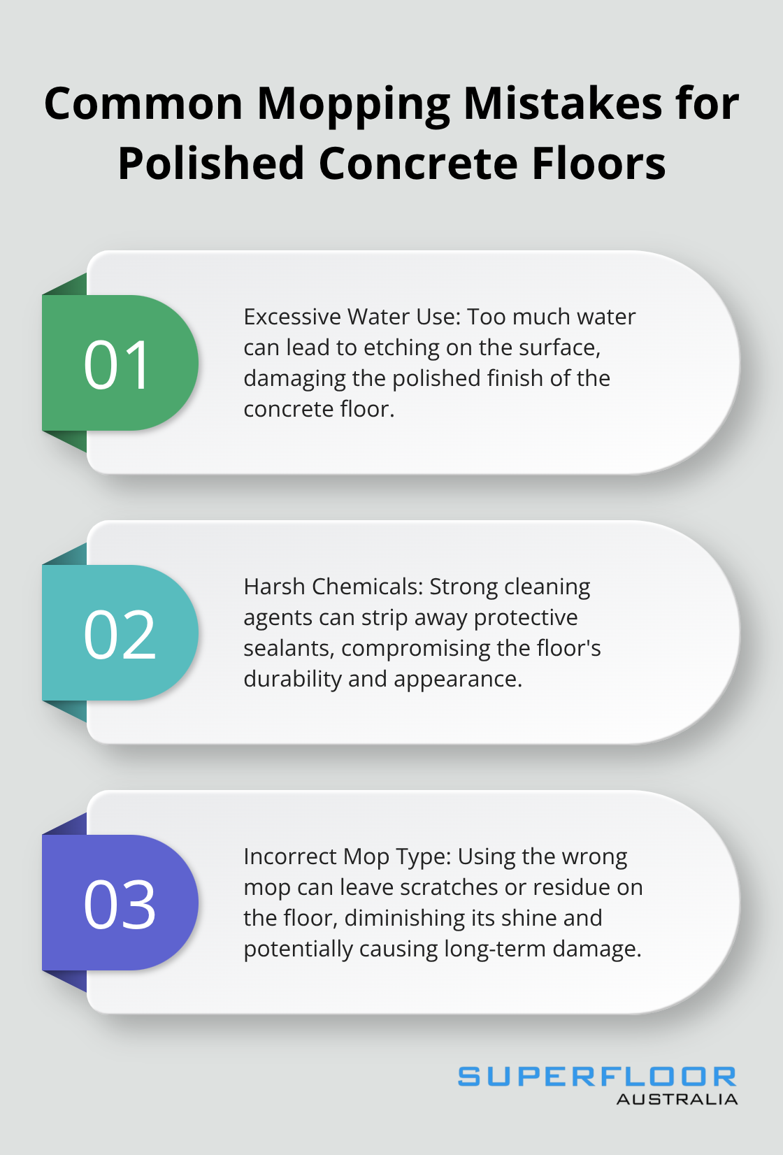 Ordered list of three common mopping mistakes for polished concrete floors: excessive water use, harsh chemicals, and incorrect mop type - best mop for polished concrete floors