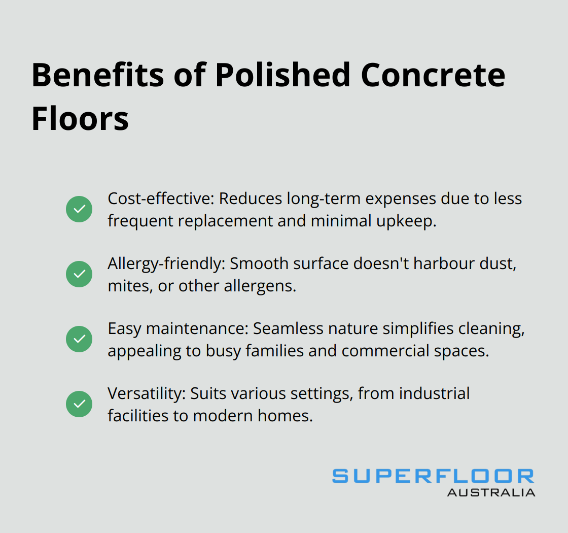 Checkmark list showing four key benefits of polished concrete floors: cost-effective, allergy-friendly, easy maintenance, and versatility. - best way to clean polished concrete floors