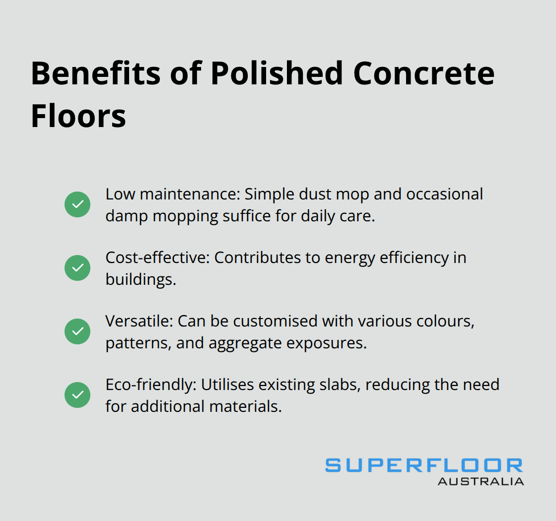 Checklist of benefits for polished concrete floors: low maintenance, cost-effective, versatile, and eco-friendly. - best way to clean polished concrete floors
