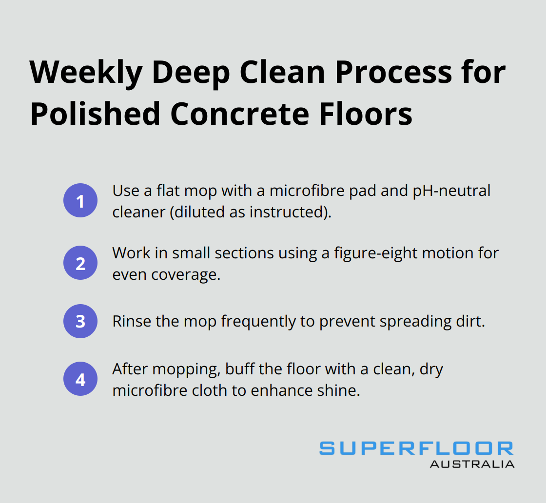 Ordered list showing the steps for weekly deep cleaning of polished concrete floors: use flat mop with microfibre pad and pH-neutral cleaner, work in small sections, rinse mop frequently, and buff with dry microfibre cloth. - best way to clean polished concrete floors