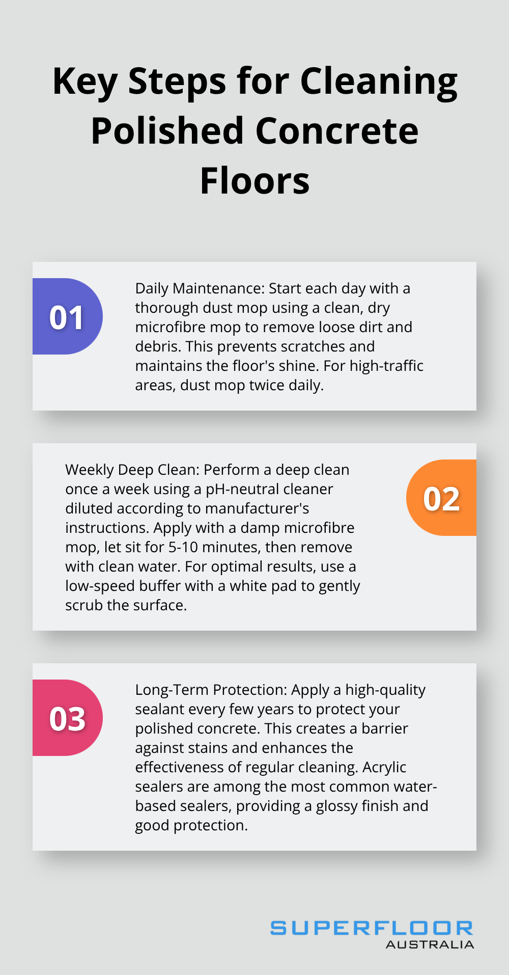 Ordered list chart showing three key steps for cleaning polished concrete floors: daily maintenance, weekly deep clean, and long-term protection. - best way to clean polished concrete floors