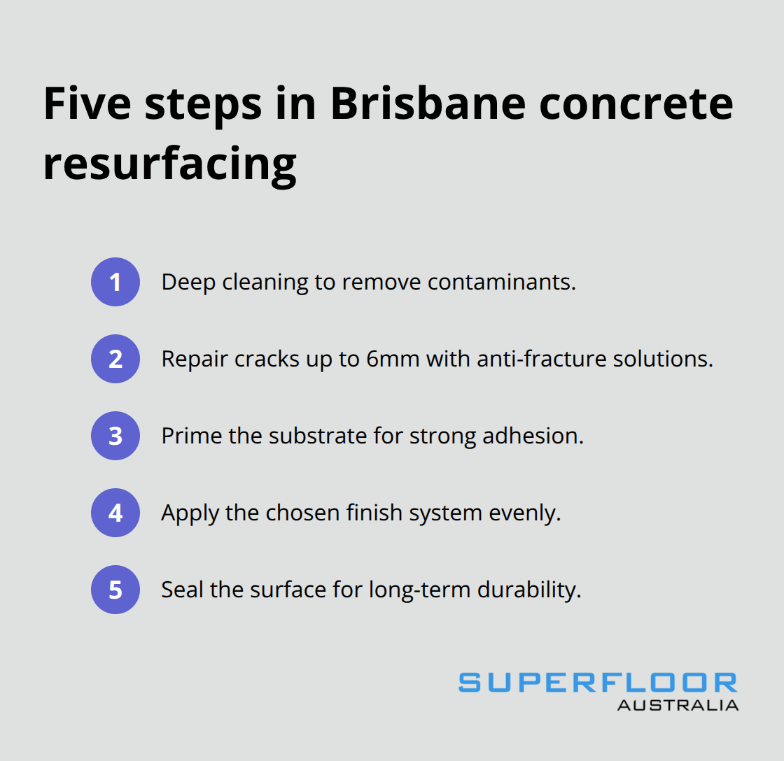 Compact list of the five key steps in the Brisbane concrete resurfacing process - brisbane concrete resurfacing options