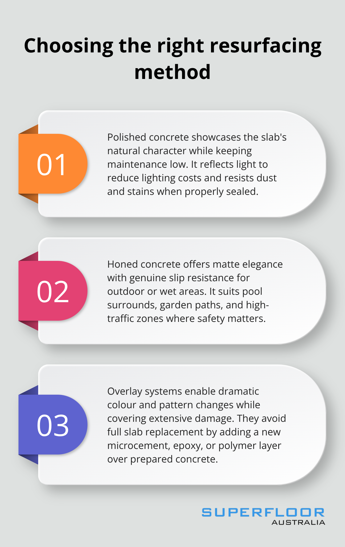 Three-part comparison of polished, honed, and overlay concrete options for Brisbane properties