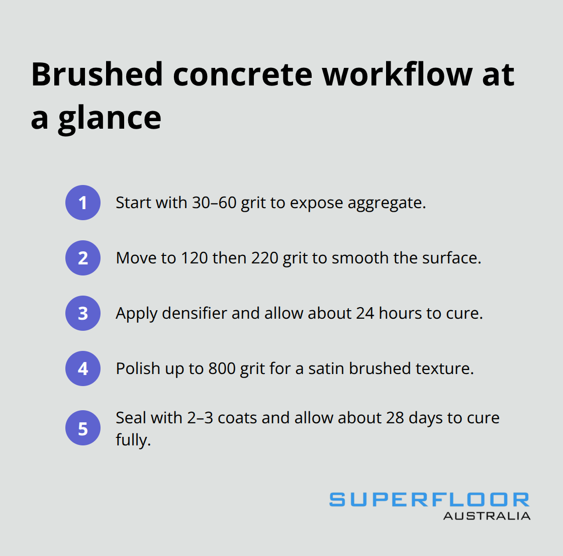Step-by-step workflow from grinding to sealing for a brushed concrete finish - brushed concrete floors