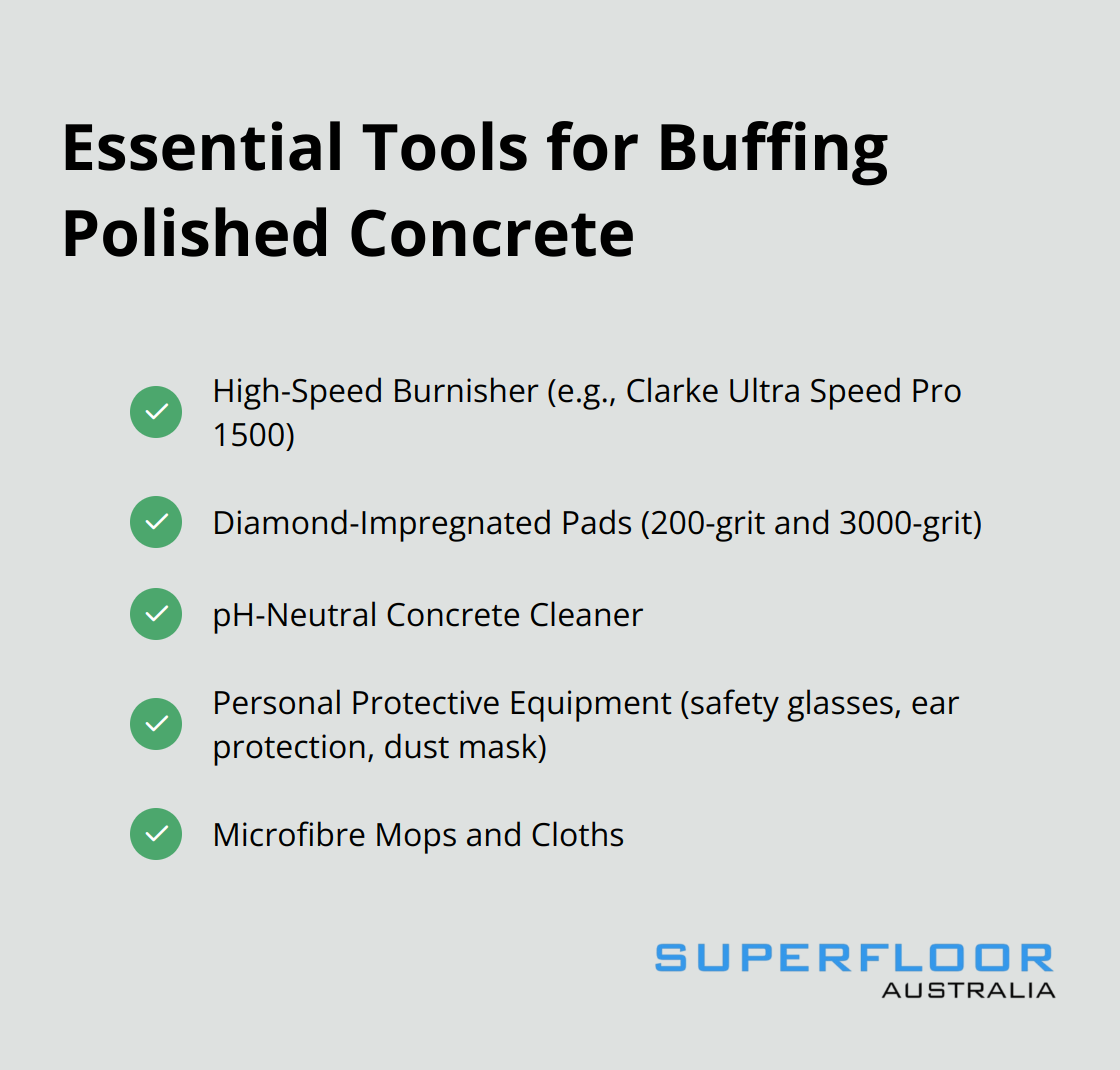 Checkmark list of essential tools and materials needed for buffing polished concrete floors