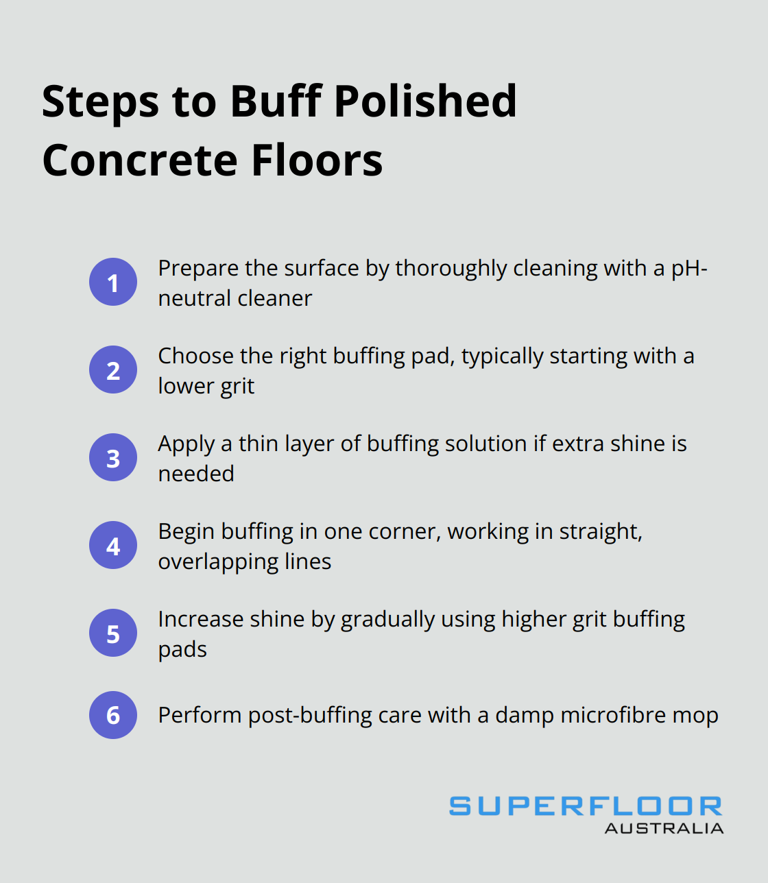 Ordered list of steps to properly buff polished concrete floors - buffing polished concrete floors