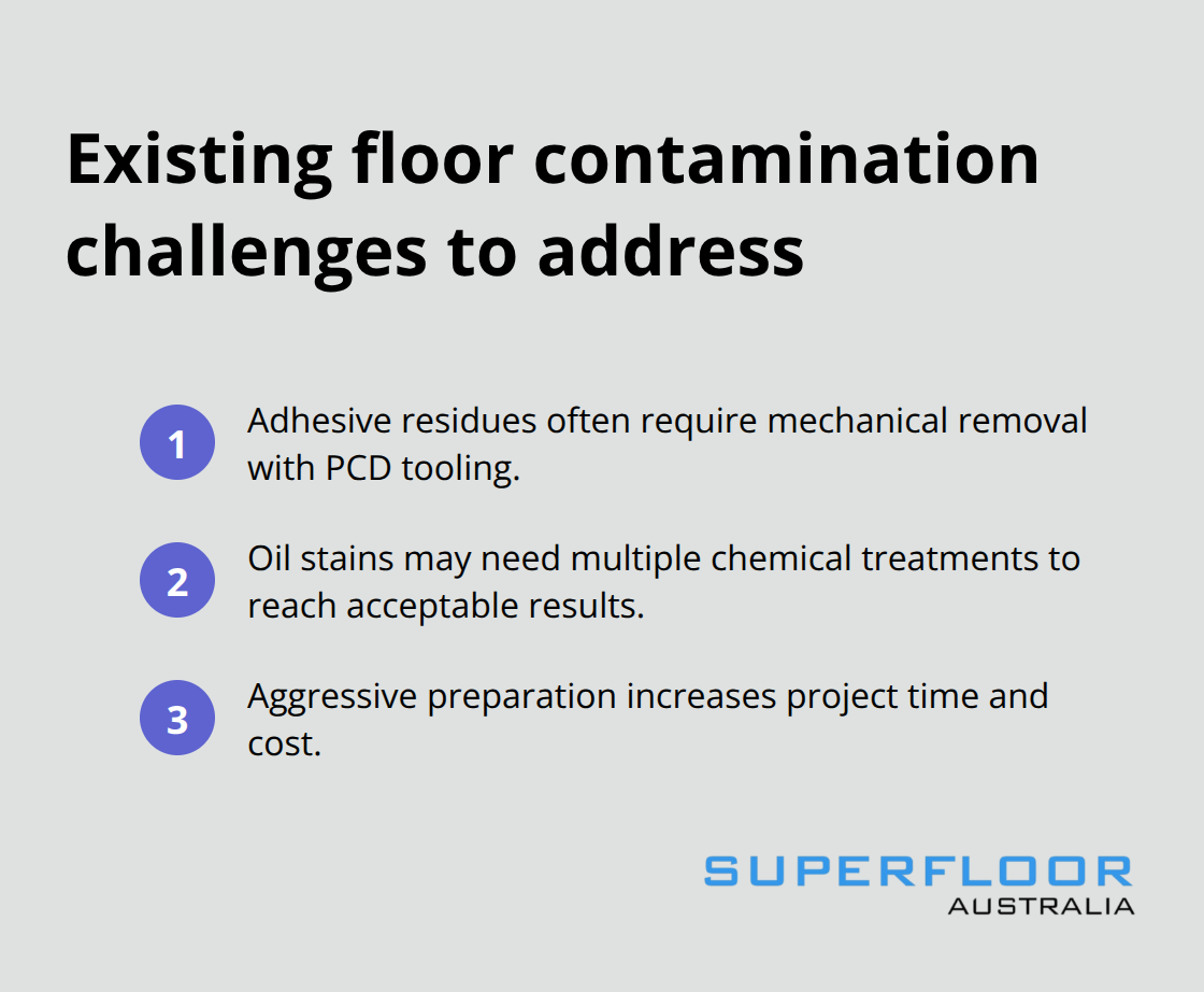 Compact list of common contamination issues on existing concrete floors in Australia - can you polish any concrete floor