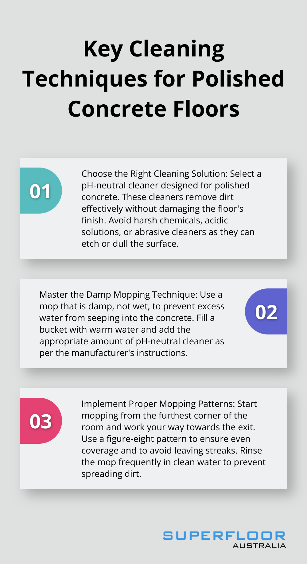 An ordered list chart showing three key cleaning techniques for polished concrete floors: choosing the right cleaning solution, mastering the damp mopping technique, and implementing proper mopping patterns. - caring for polished concrete floors