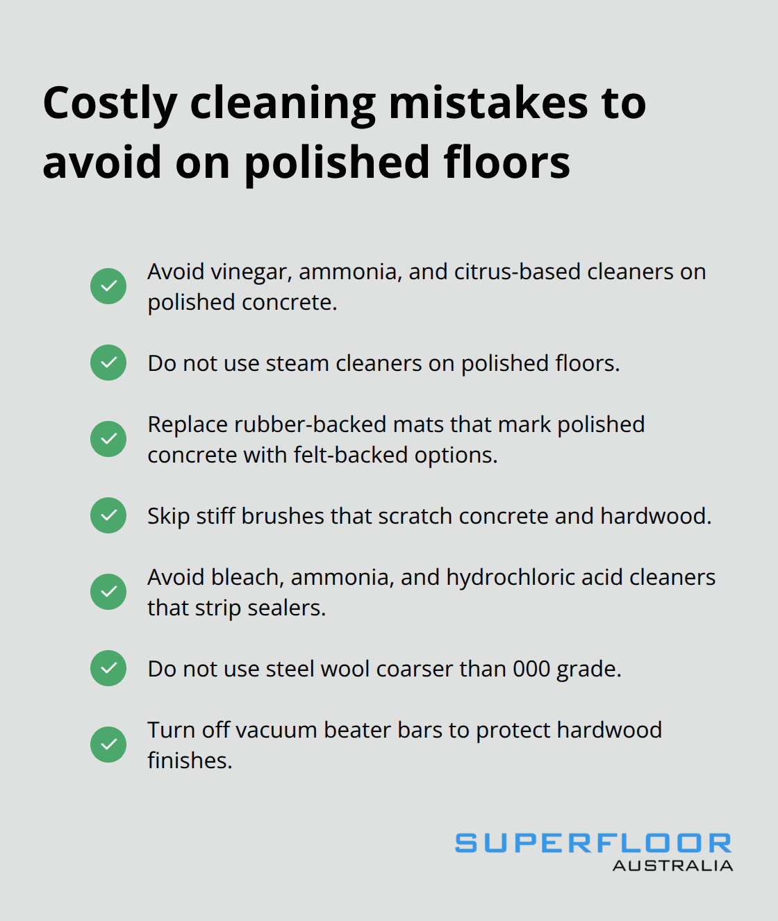 Checklist of common cleaning mistakes that damage polished concrete and hardwood floors in Australia - clean polished floors