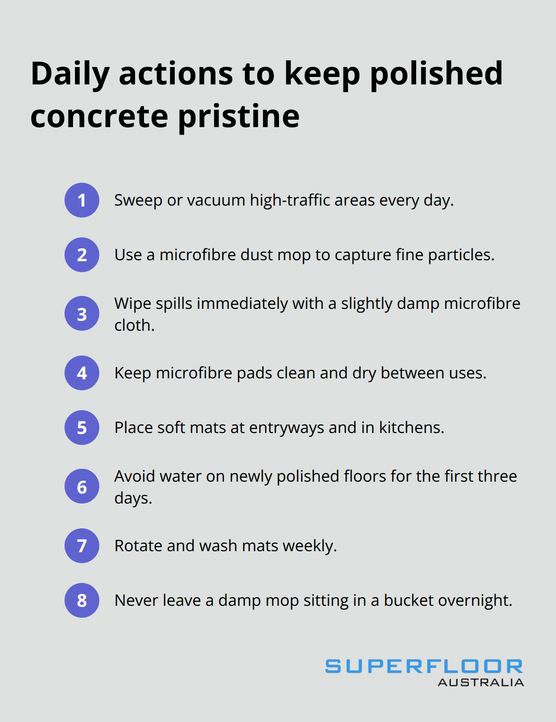 Compact checklist of daily maintenance for polished concrete floors - clean polished floors
