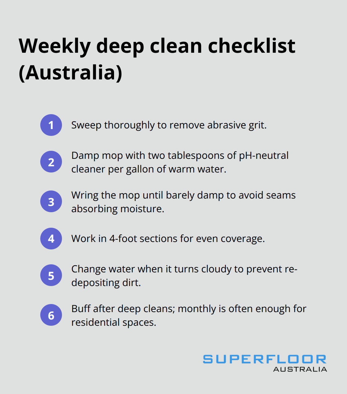 Compact checklist of weekly deep clean steps for polished floors - clean polished floors