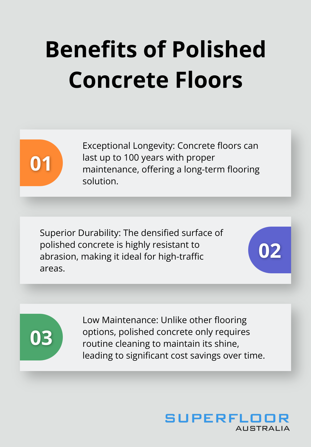 Chart outlining three key benefits of polished concrete floors: longevity, durability, and low maintenance