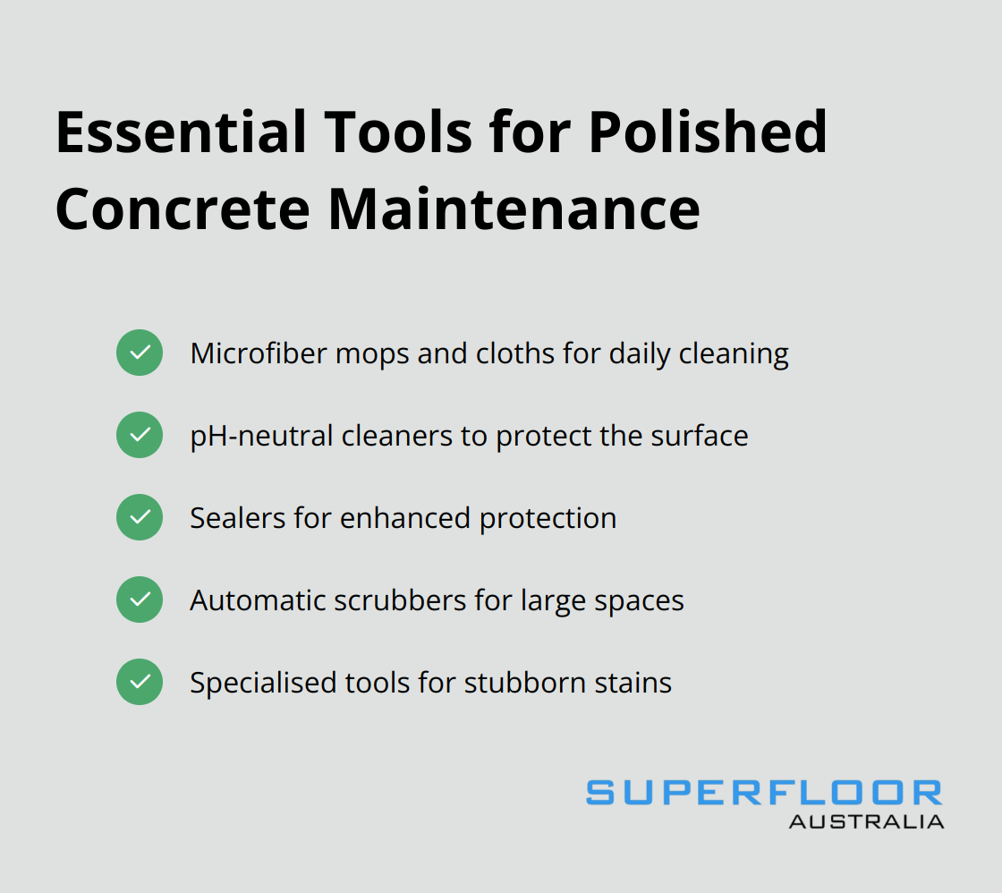 A checklist of essential tools for polished concrete maintenance: microfiber mops and cloths, pH-neutral cleaners, sealers, automatic scrubbers, and specialised tools for stubborn stains.