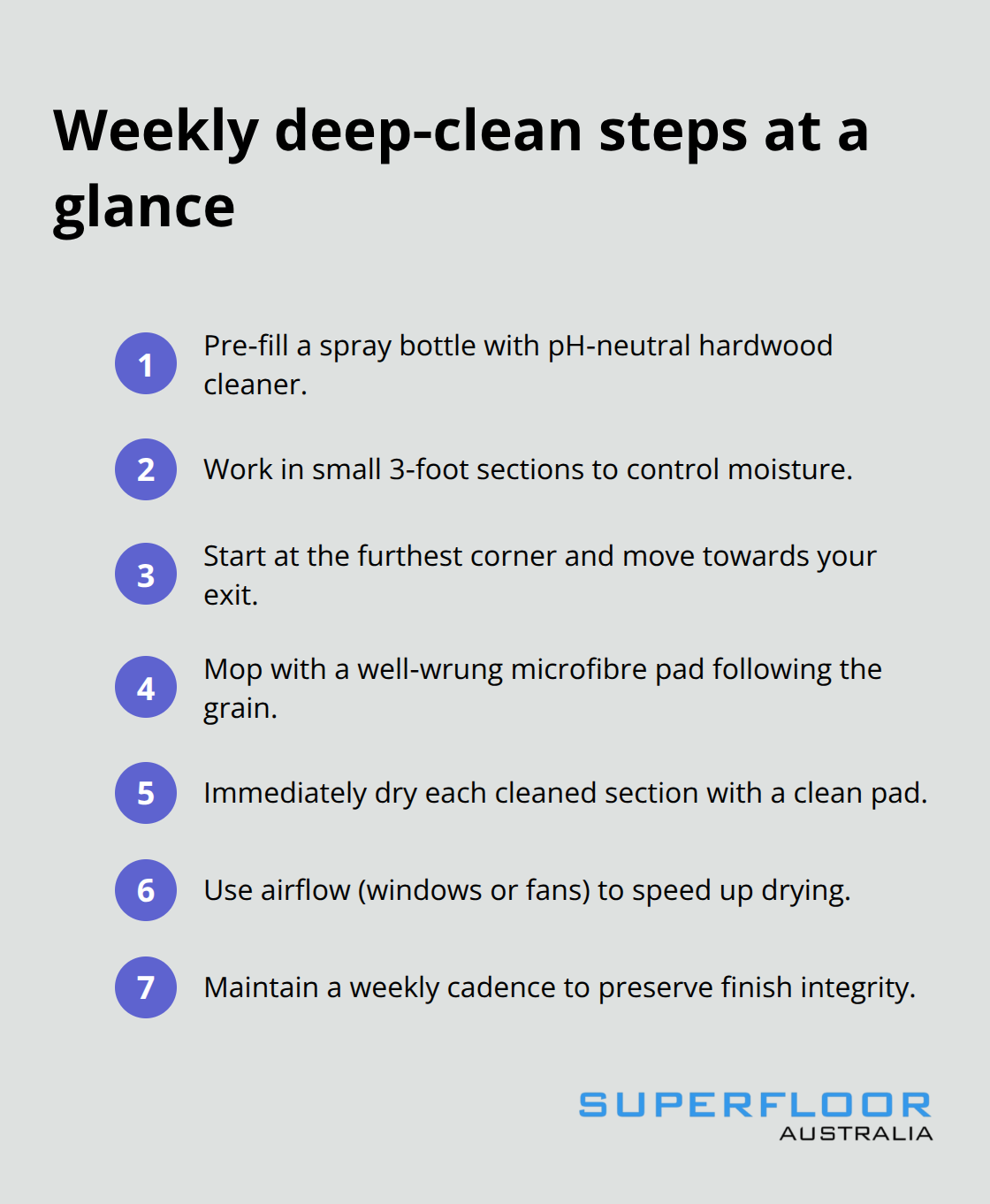 Compact checklist of weekly cleaning actions for polished wooden floors. - cleaning polished wooden floors