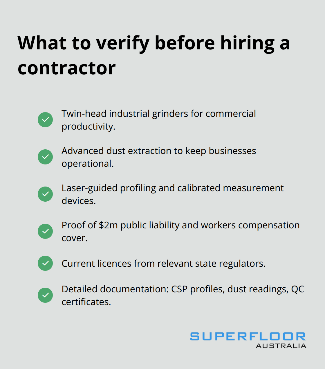 Checklist of contractor requirements for commercial concrete grinding projects in Australia