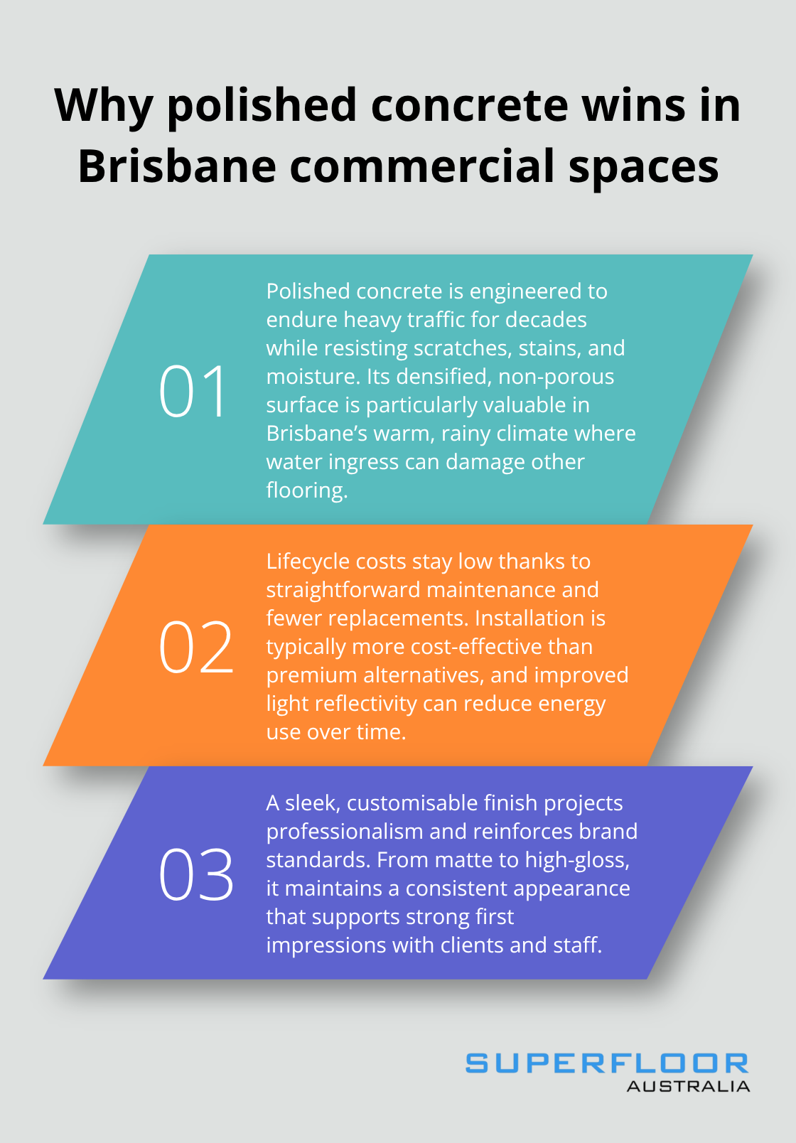 Three core advantages of polished concrete for Brisbane commercial properties.