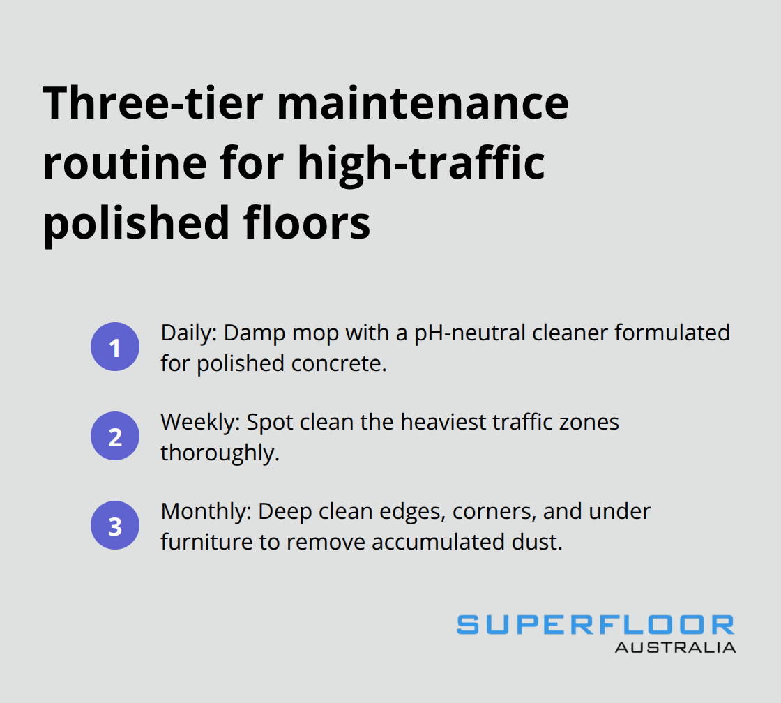 Compact list of daily, weekly, and monthly steps to maintain polished concrete in busy commercial spaces. - commercial floor polishing Brisbane