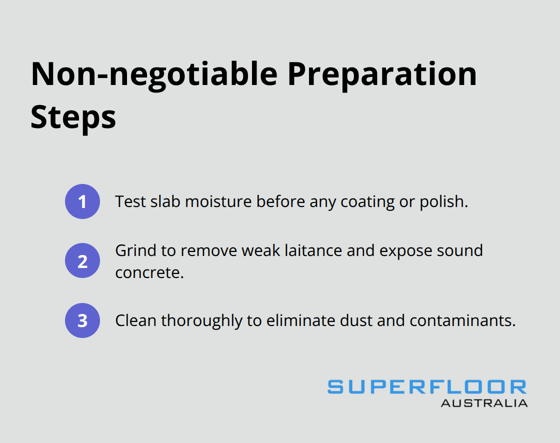 The three essential steps to prepare commercial concrete floors in Brisbane.