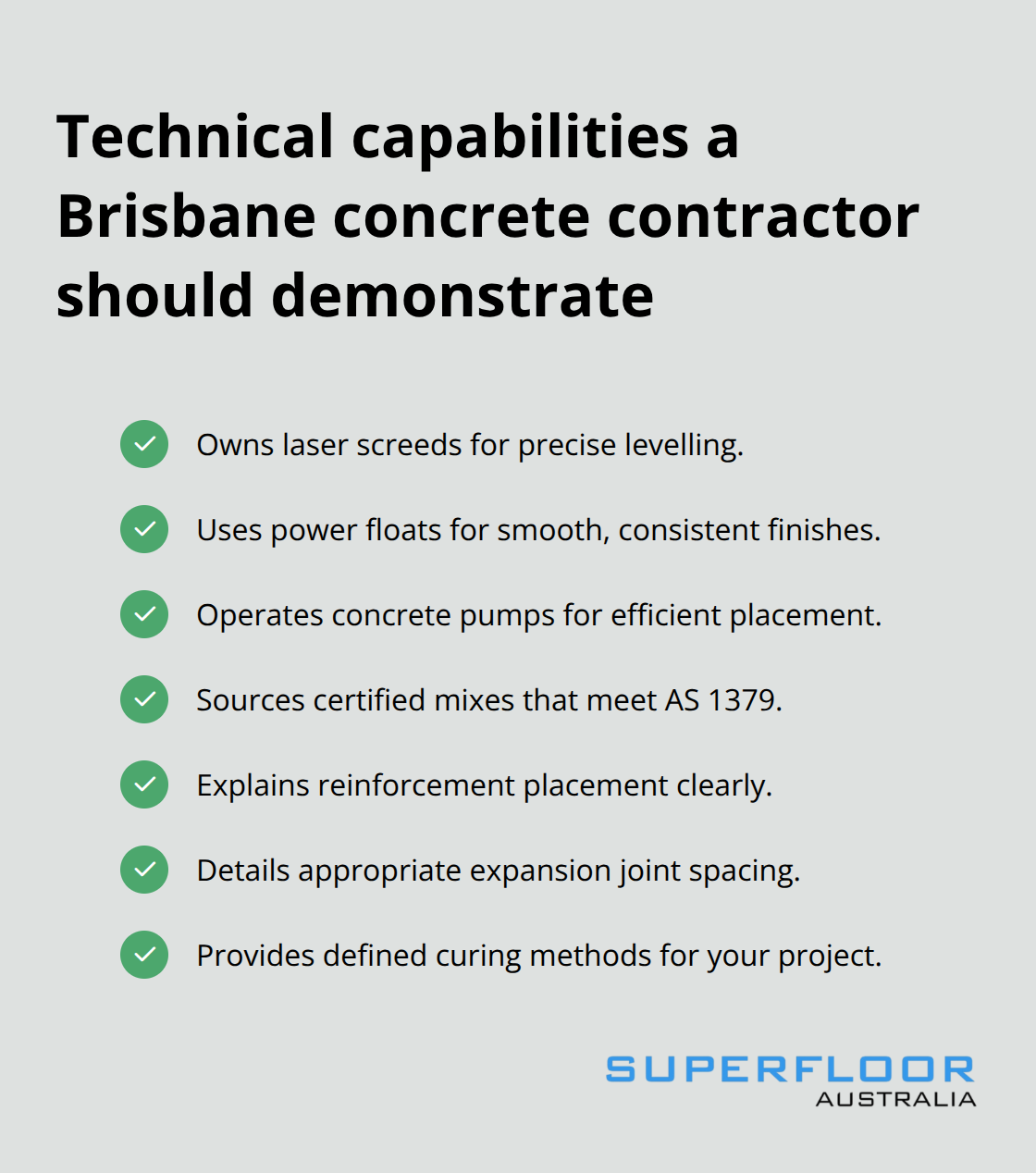 Checklist of equipment, standards, and methods that indicate a professional concrete contractor in Brisbane