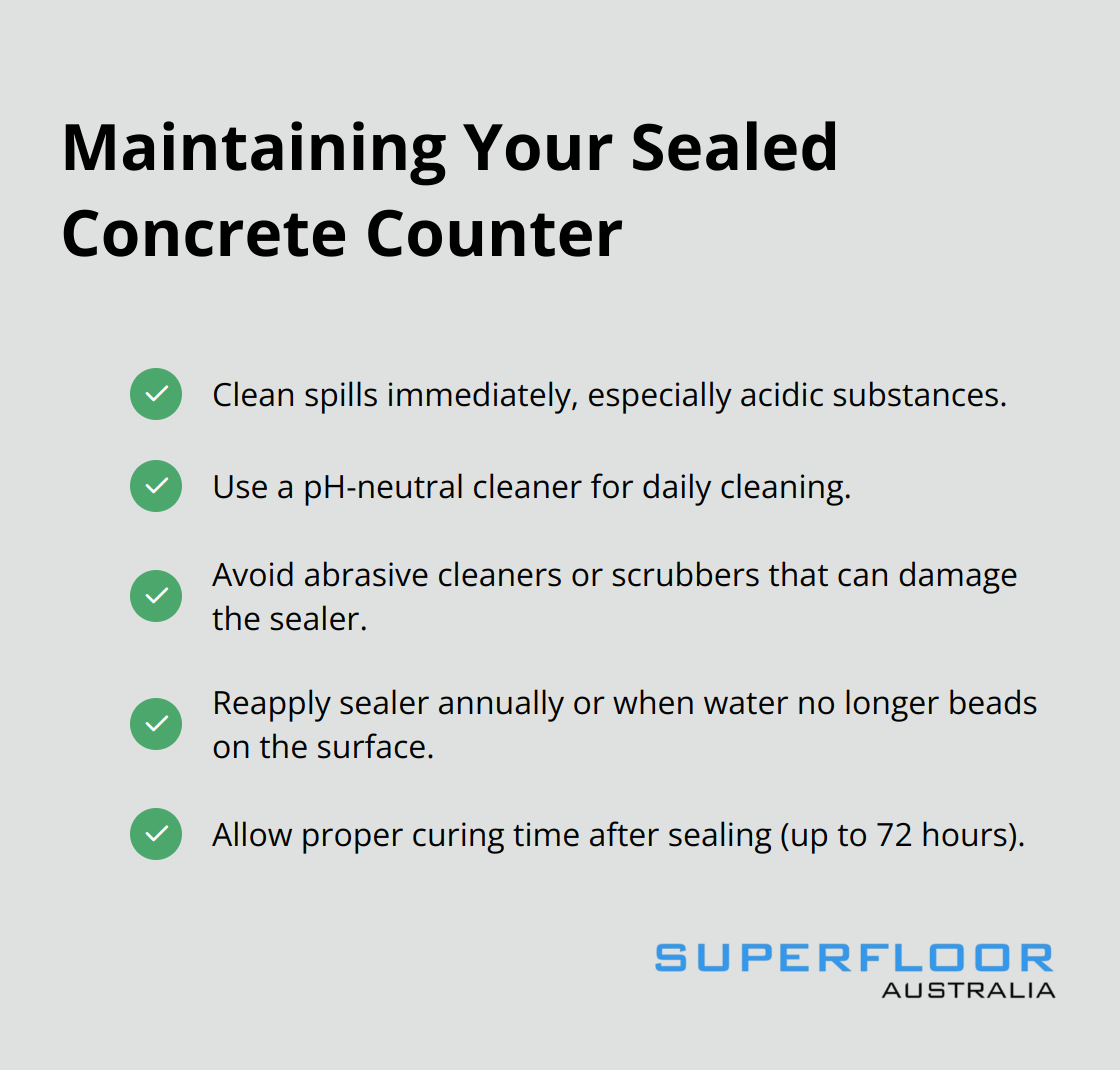 A checklist of 5 key maintenance tips for sealed concrete counters: clean spills immediately, use pH-neutral cleaner, avoid abrasive cleaners, reapply sealer annually, and allow proper curing time. - concrete counter polishing