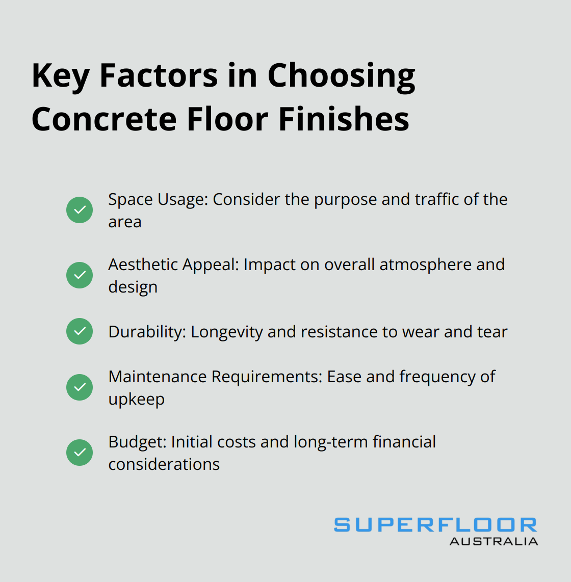 Checkmark list of five key factors to consider when choosing concrete floor finishes: space usage, aesthetic appeal, durability, maintenance requirements, and budget