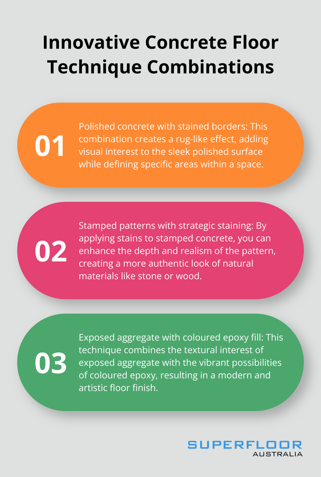 An ordered list chart showing three innovative combinations of concrete floor techniques: polished concrete with stained borders, stamped patterns with strategic staining, and exposed aggregate with coloured epoxy fill - concrete floor look