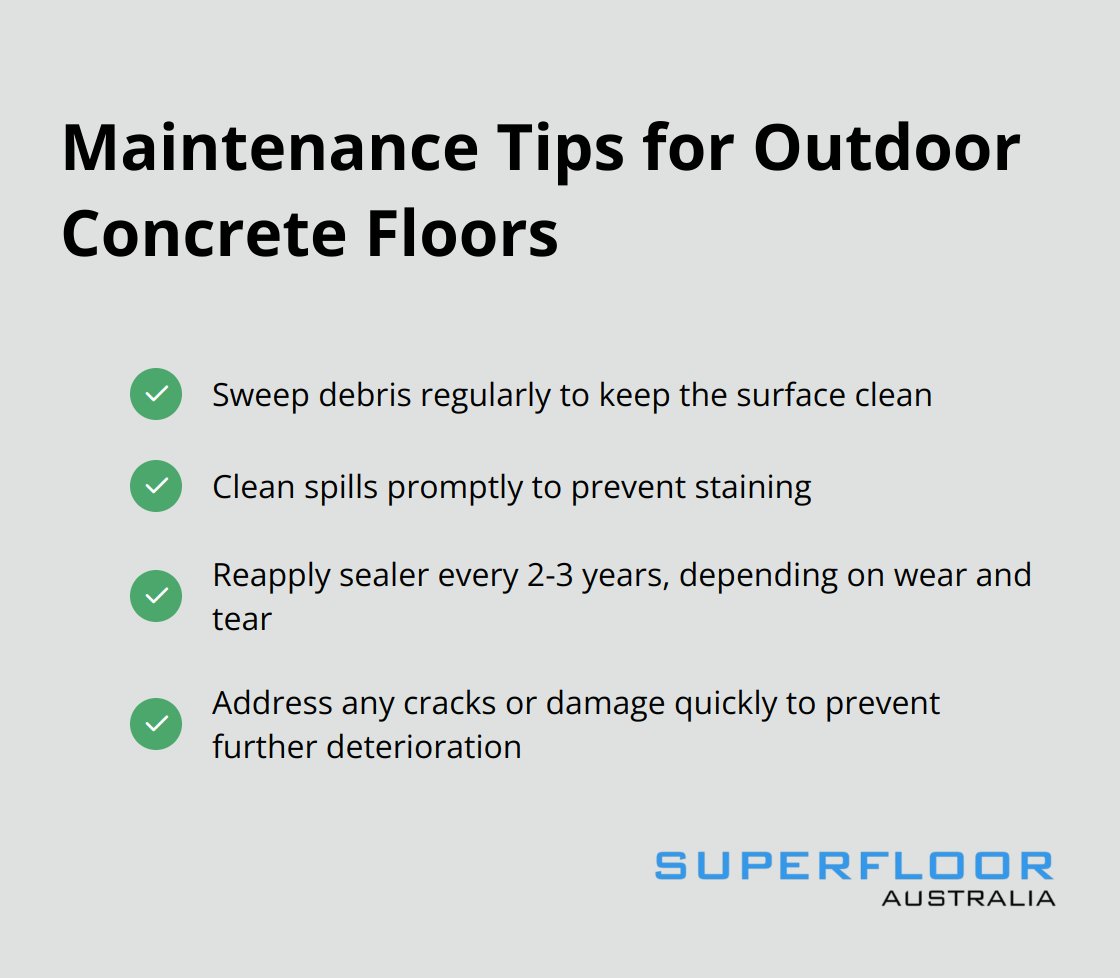 Checkmark list of maintenance tips for outdoor concrete floors: sweep debris regularly, clean spills promptly, reapply sealer as needed, address cracks quickly - concrete floor outdoor