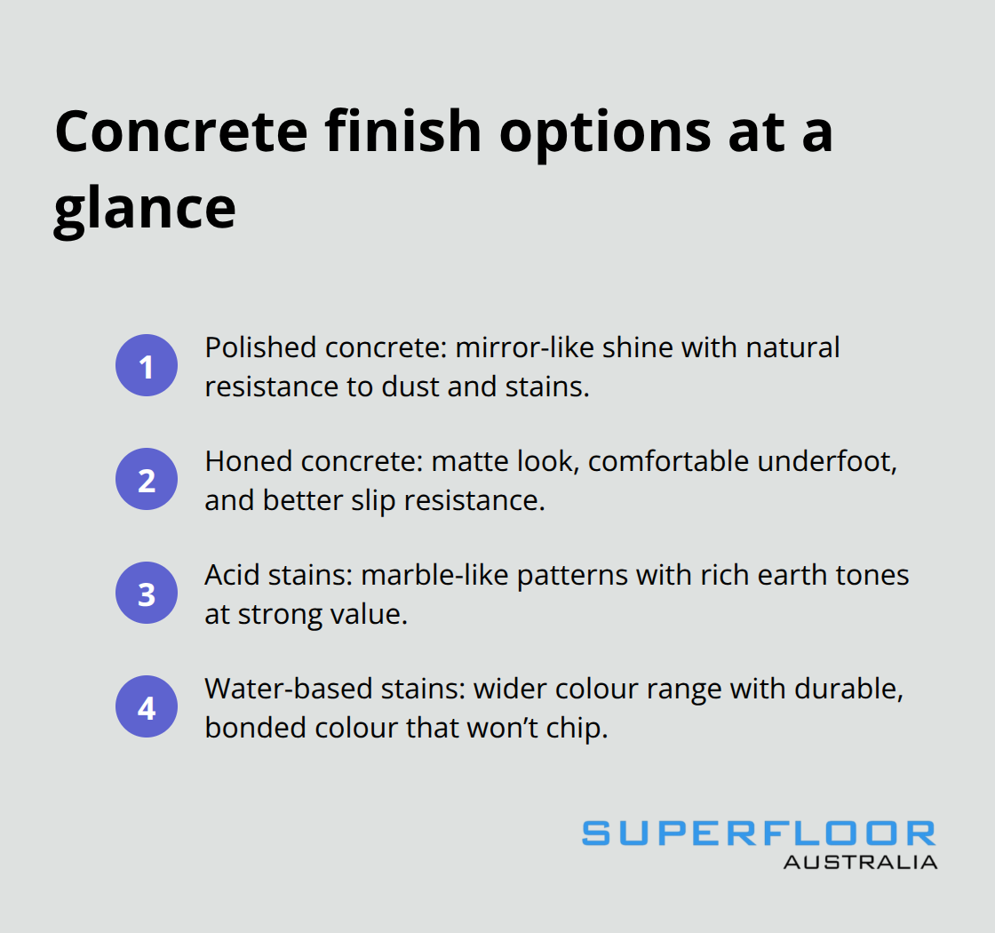 Quick comparison of polished, honed, acid-stained, and water-based stained concrete finishes for Australian homes. - concrete flooring