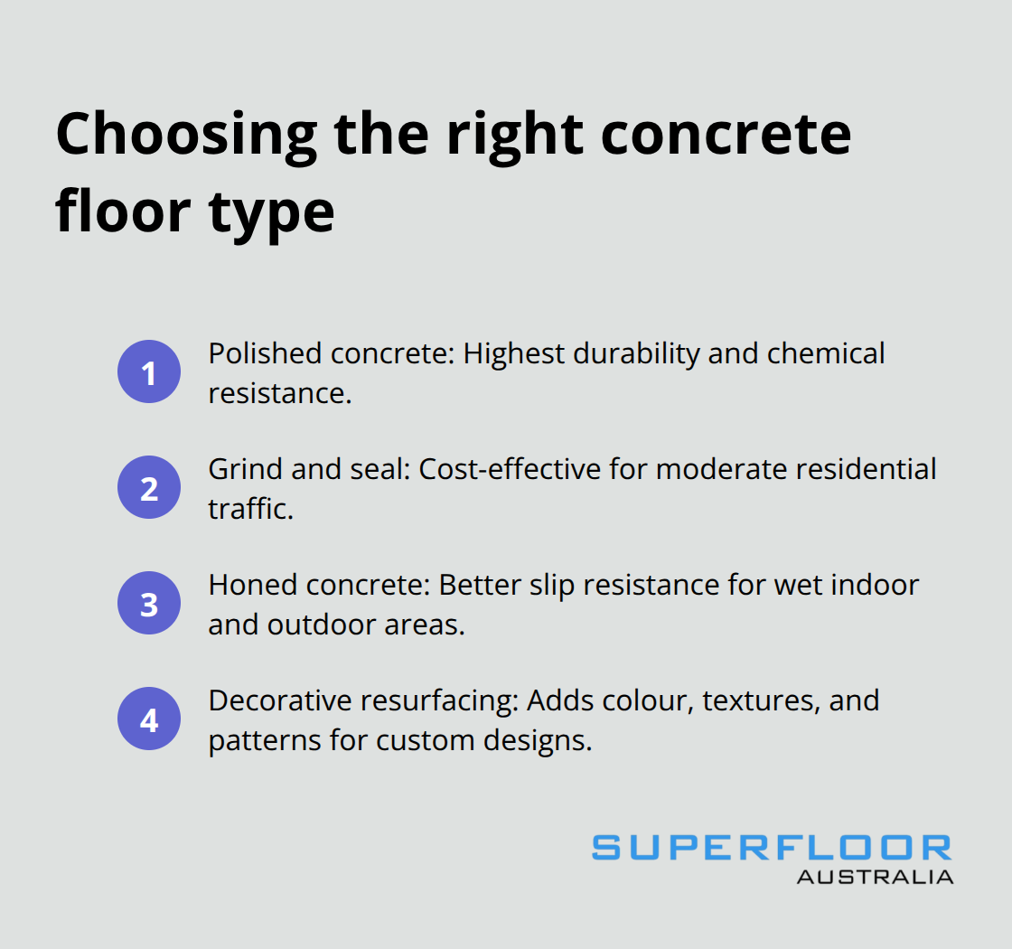 Compact list comparing polished, grind and seal, honed, and decorative resurfacing concrete options.