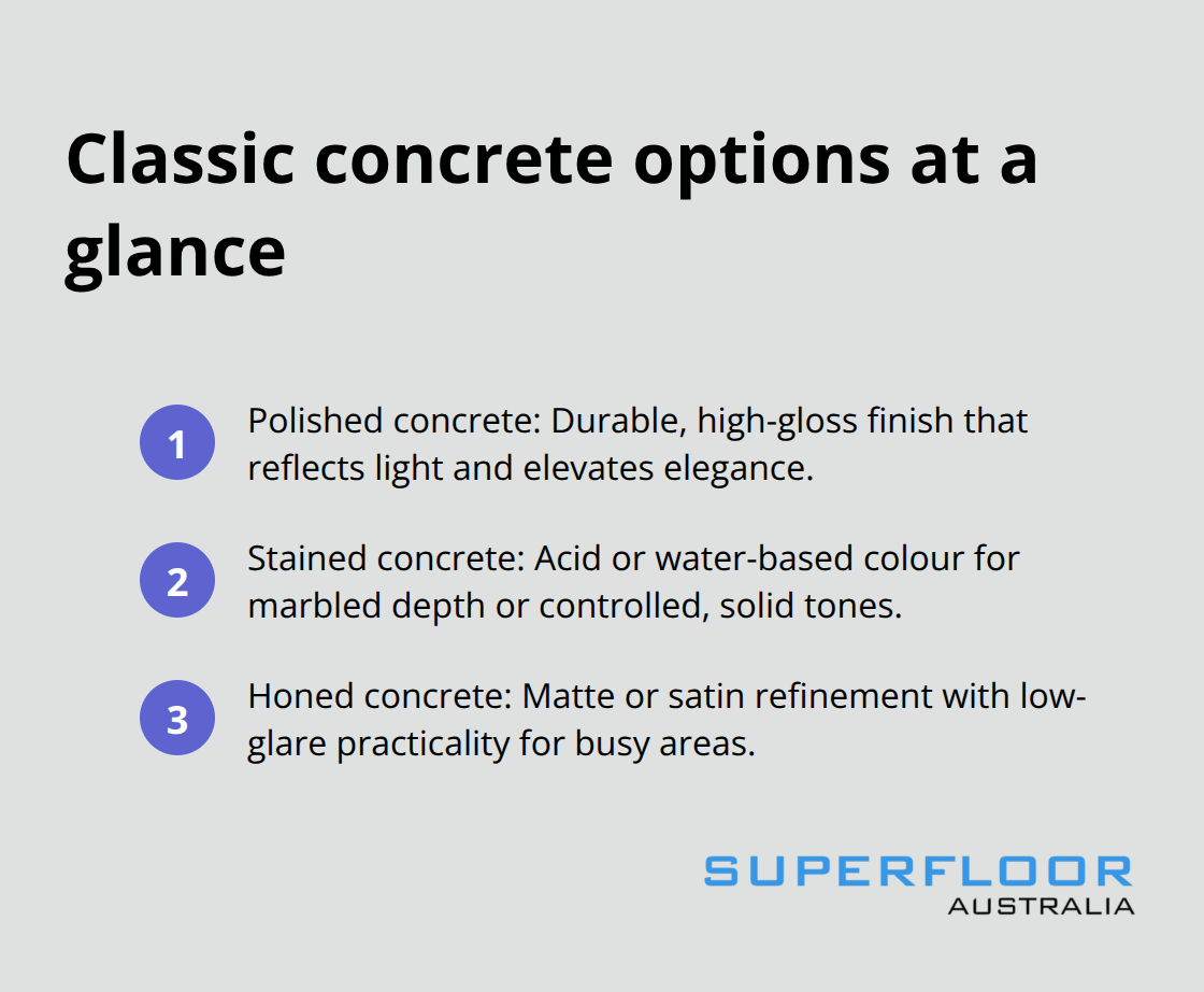 Summary of polished, stained, and honed concrete flooring styles - concrete flooring ideas