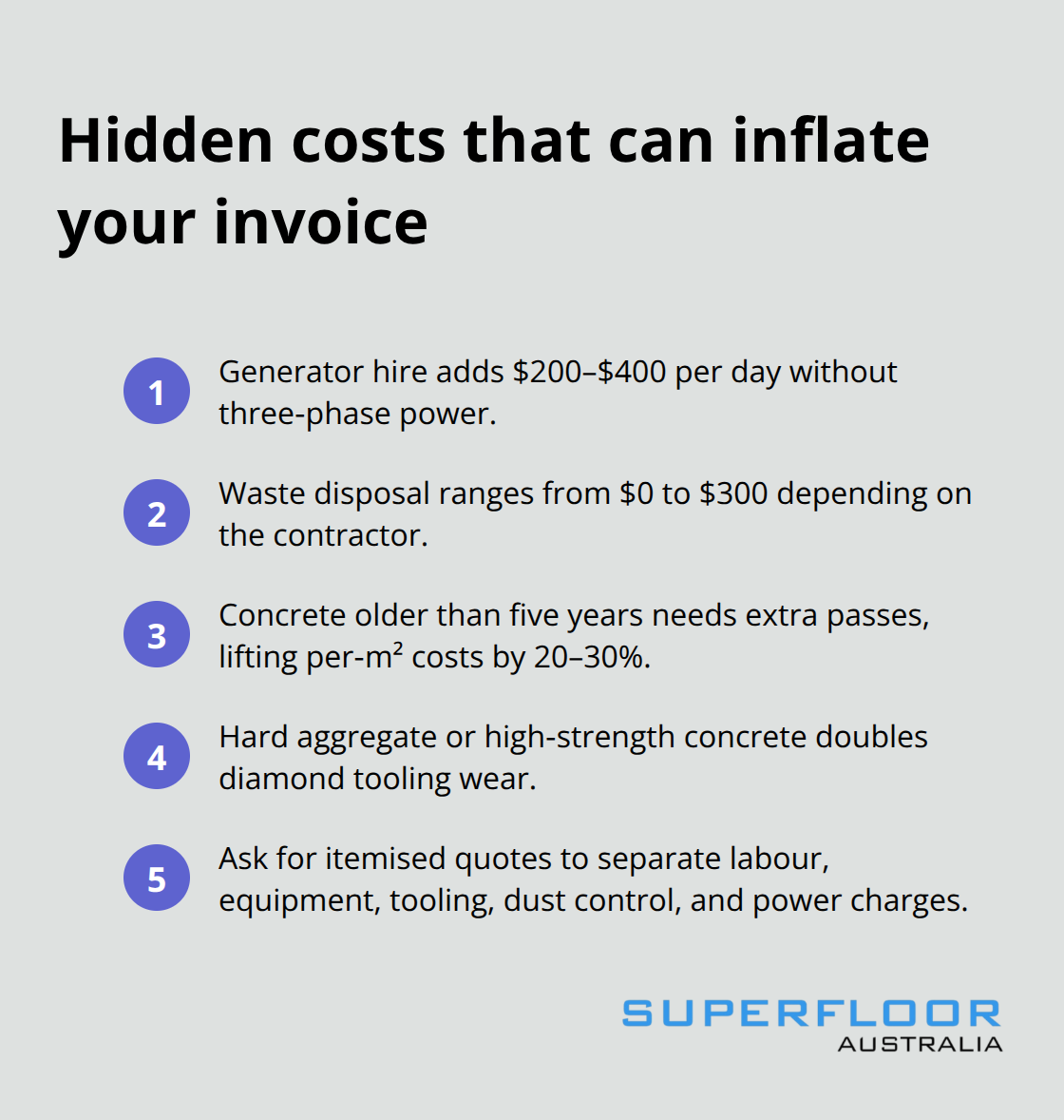 Compact list of common add-ons and wear factors that increase Brisbane concrete grinding costs. - concrete grinding Brisbane pricing