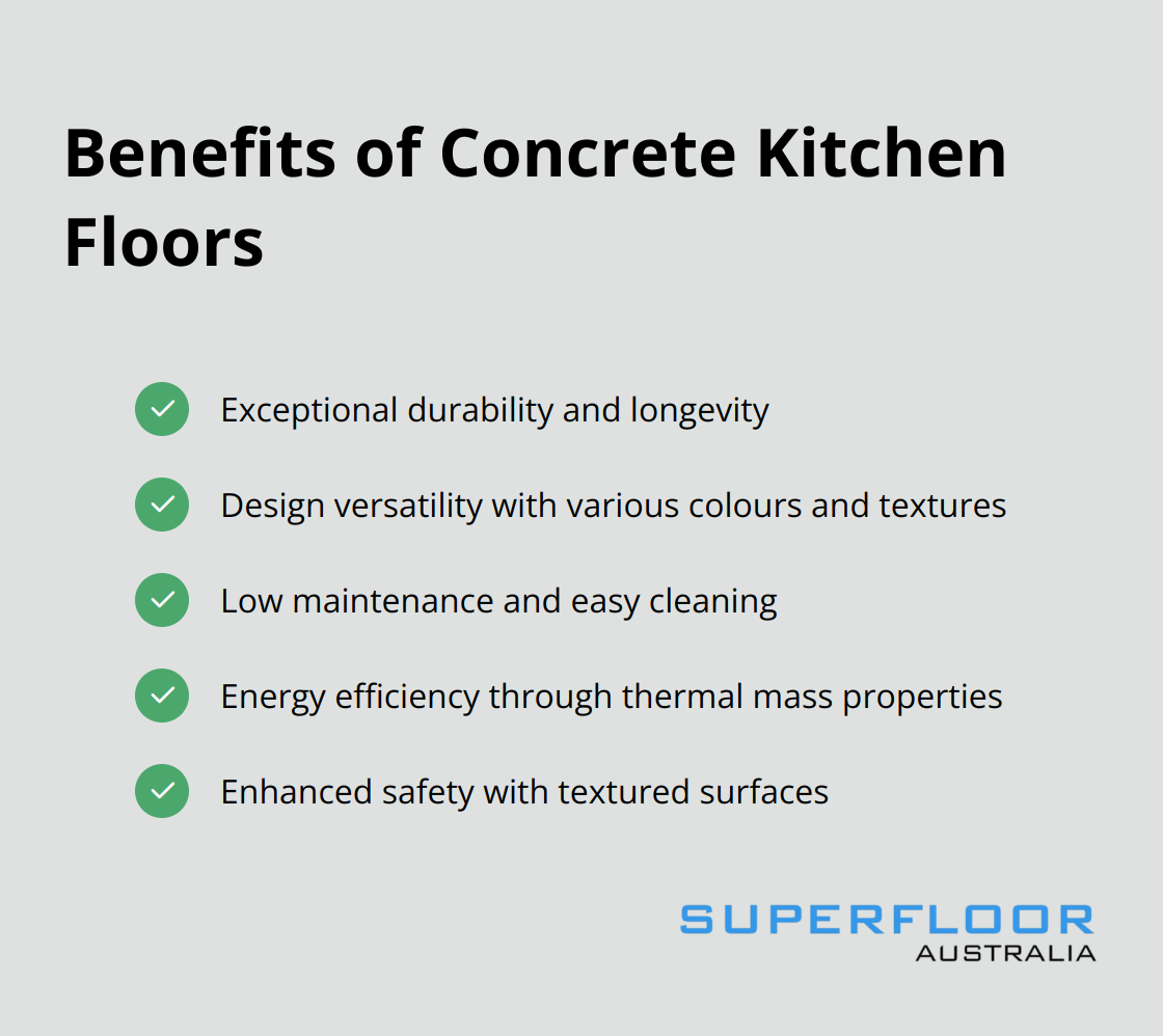 Checkmark list showing the key benefits of concrete kitchen floors