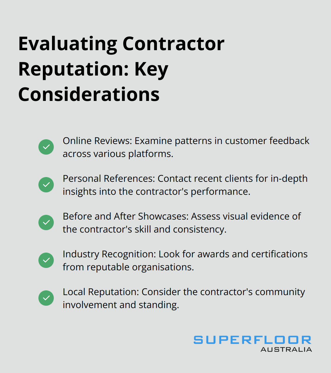 A checkmark list showing five key considerations for evaluating a concrete polishing contractor's reputation: Online Reviews, Personal References, Before and After Showcases, Industry Recognition, and Local Reputation. - concrete polishing contractors