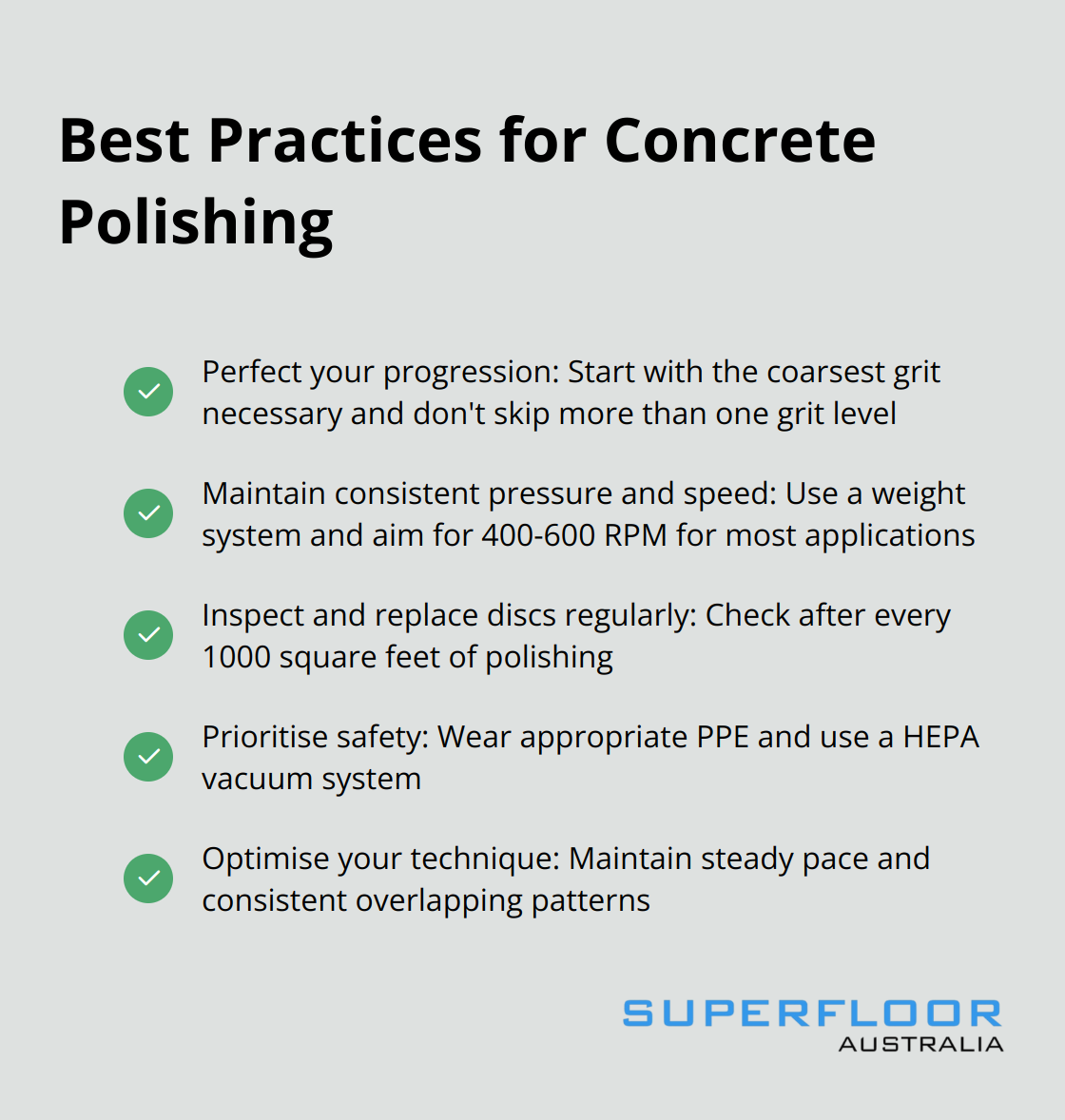 Checkmark list of best practices for concrete polishing techniques