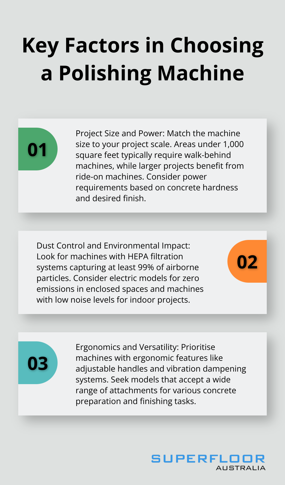 Ordered list of three crucial factors to consider when selecting a concrete polishing machine