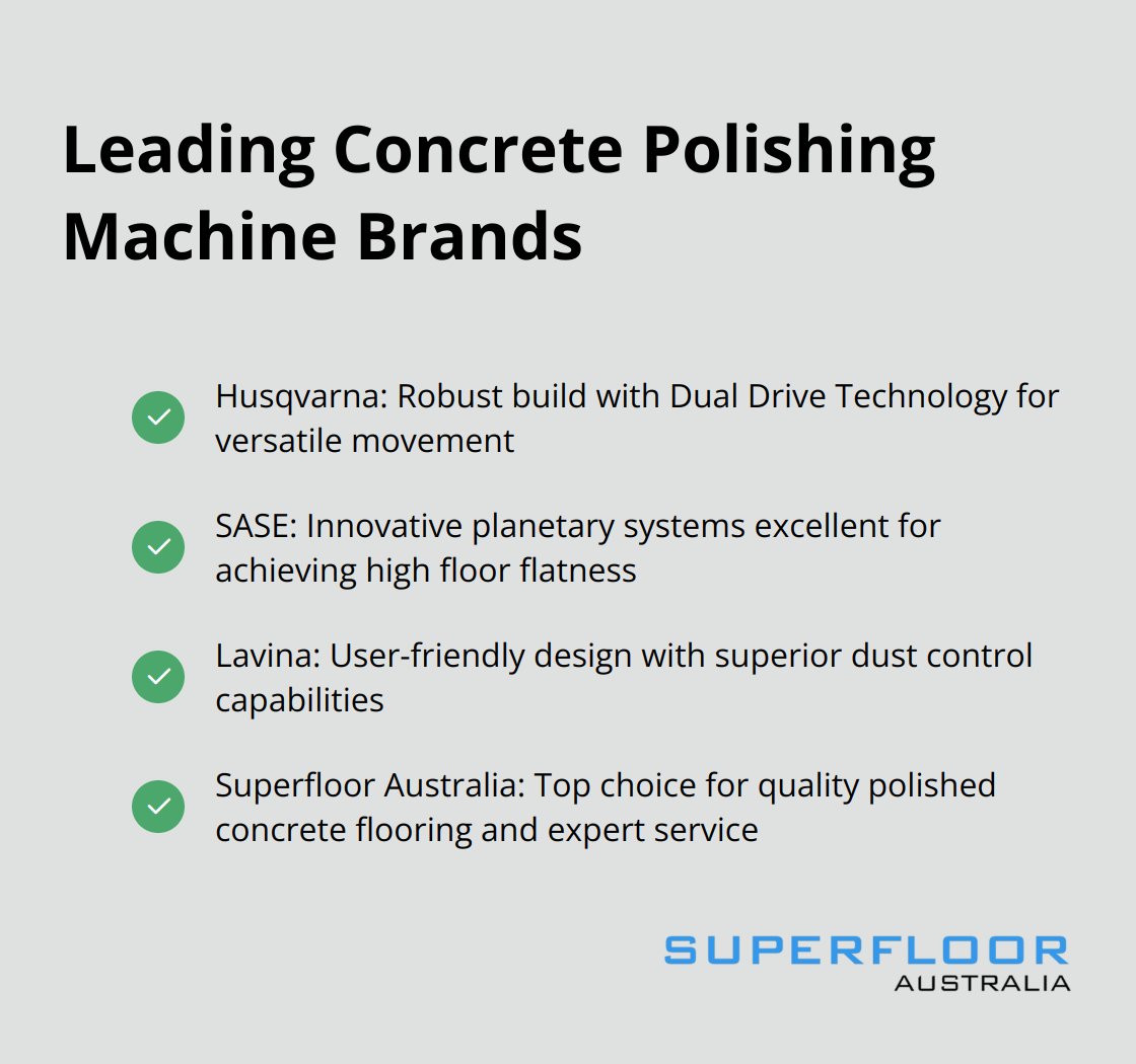 Checkmark list of top concrete polishing machine brands and their standout features