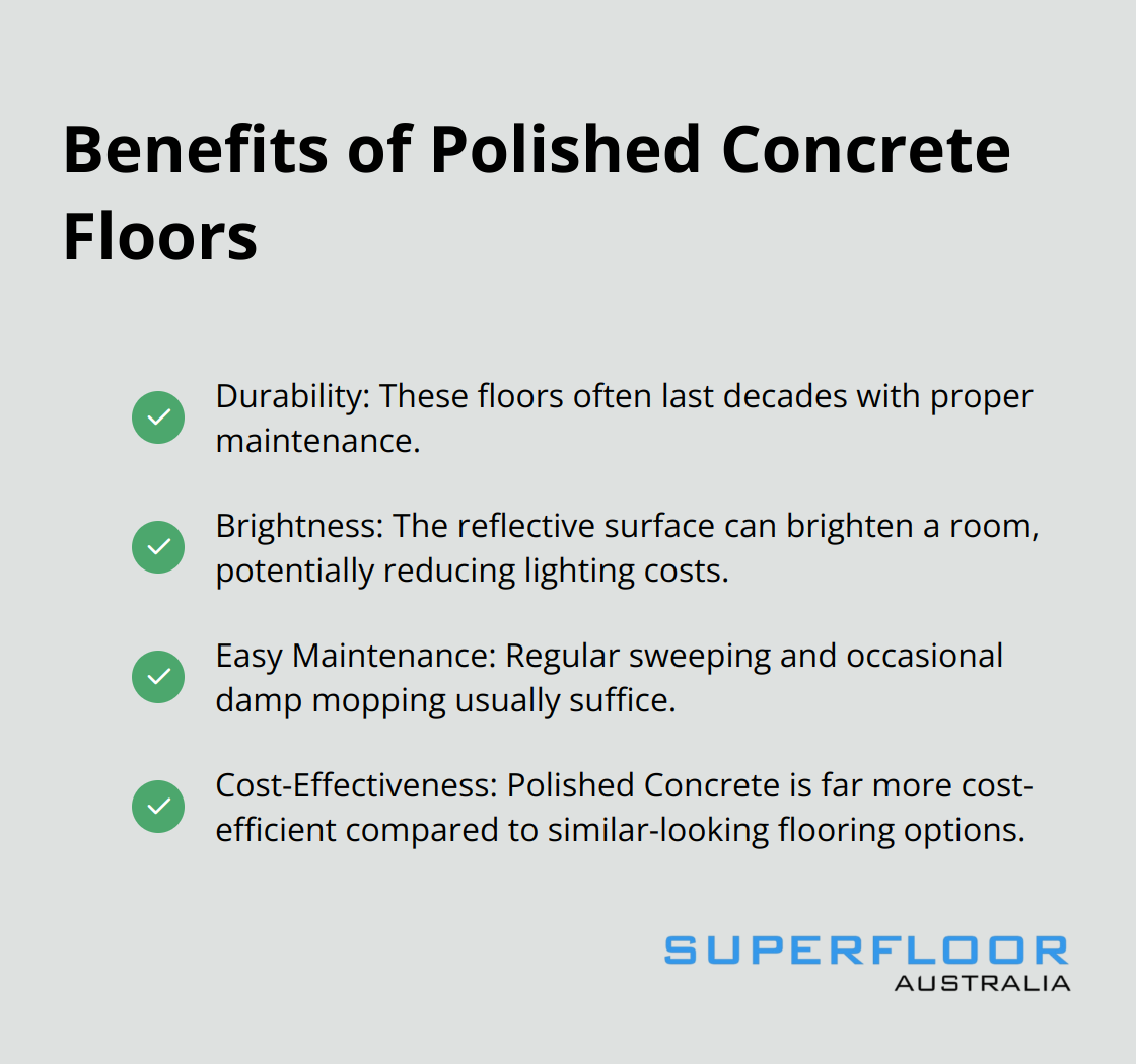 Checkmark list showing the benefits of polished concrete floors: durability, brightness, easy maintenance, and cost-effectiveness.