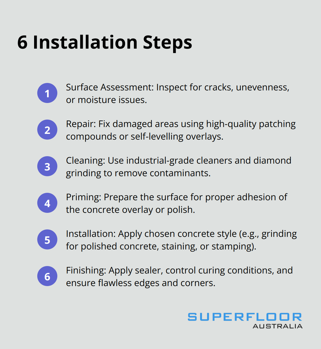 An ordered list showing the six main steps in preparing and installing concrete flooring: surface assessment, repair, cleaning, priming, installation, and finishing. - concrete style flooring