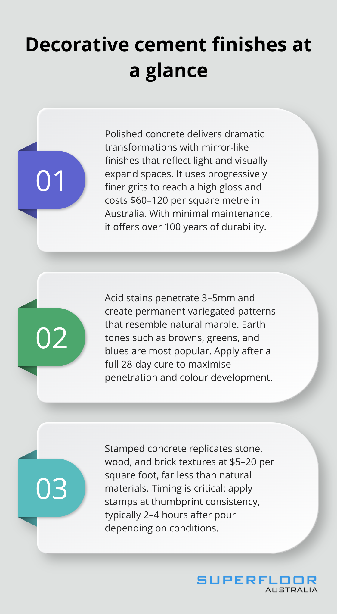 Comparison of polished concrete, acid stains, and stamped concrete finishes for Australian projects