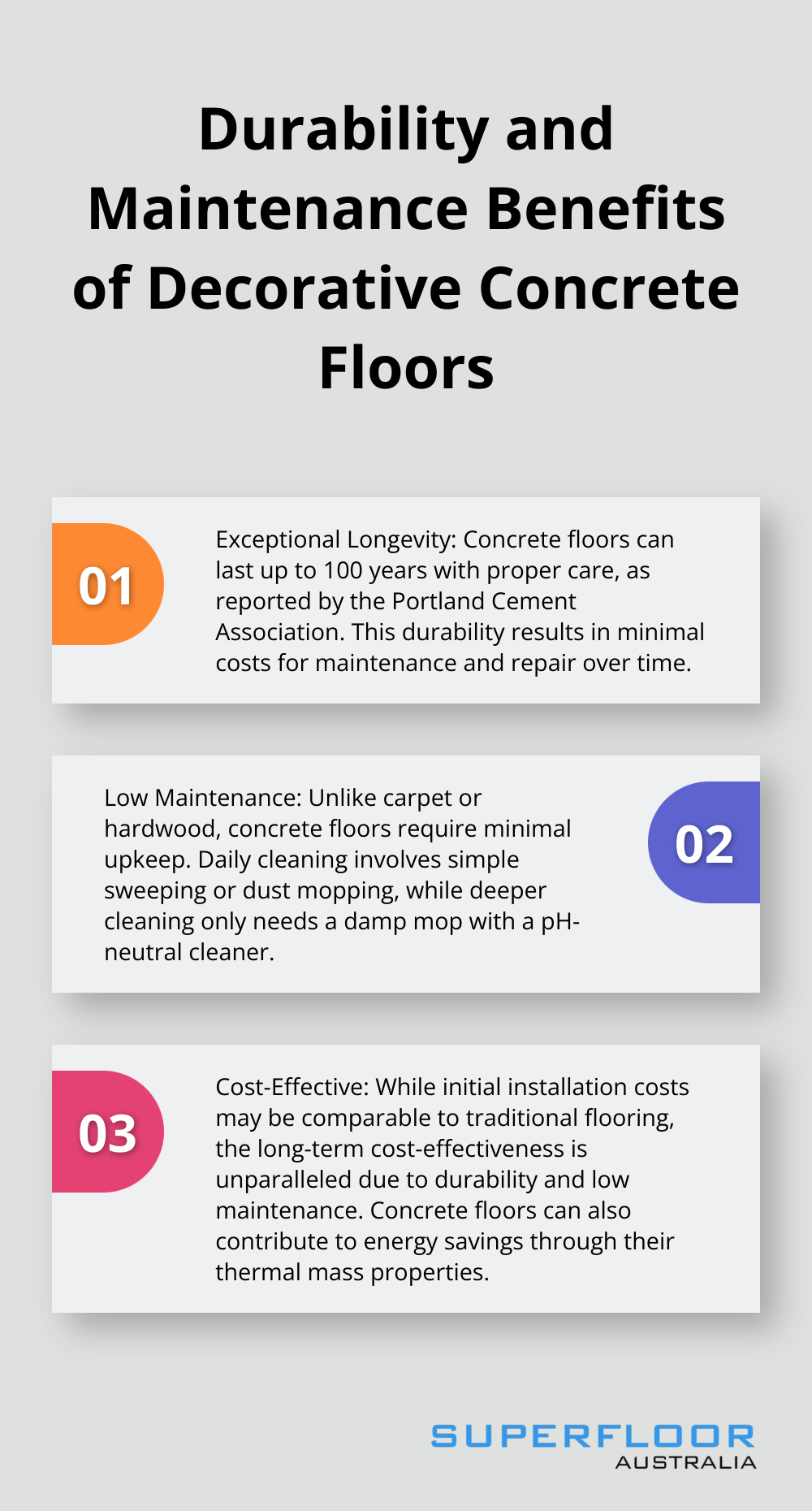 Ordered list chart showing three key benefits of decorative concrete floors: exceptional longevity, low maintenance requirements, and cost-effectiveness over time.